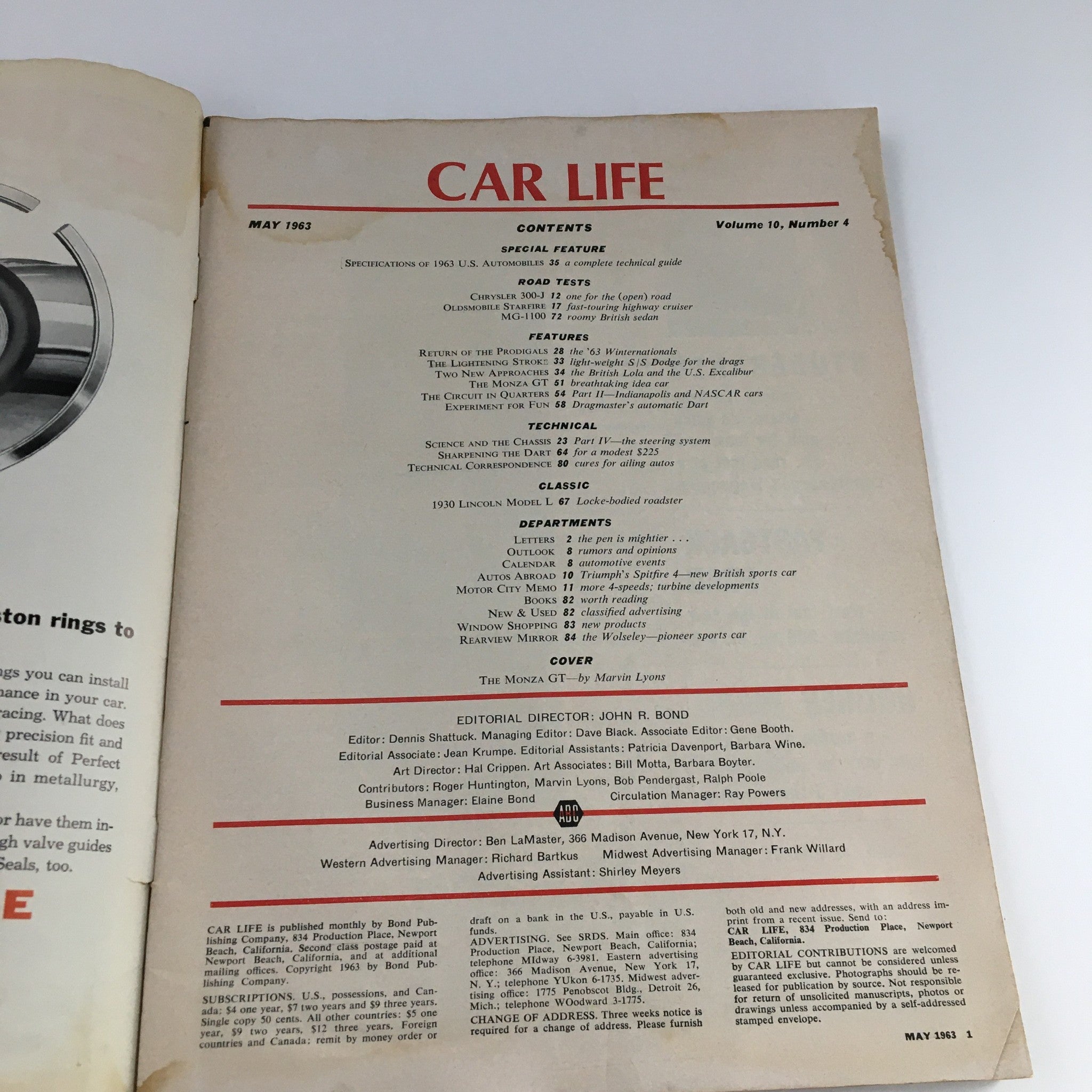 Car Life Magazine May 1963 Monza GT & Olds Starfire Chrysler 300-J No Label