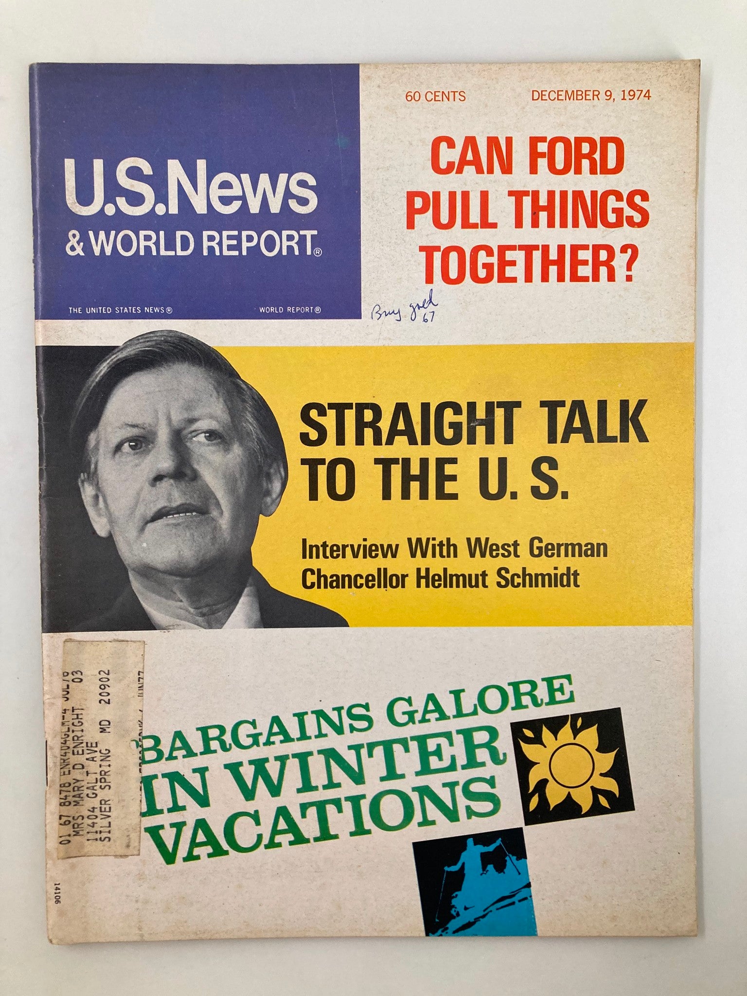 US News & World Report Magazine December 9 1974 Interview with Helmut Schmidt