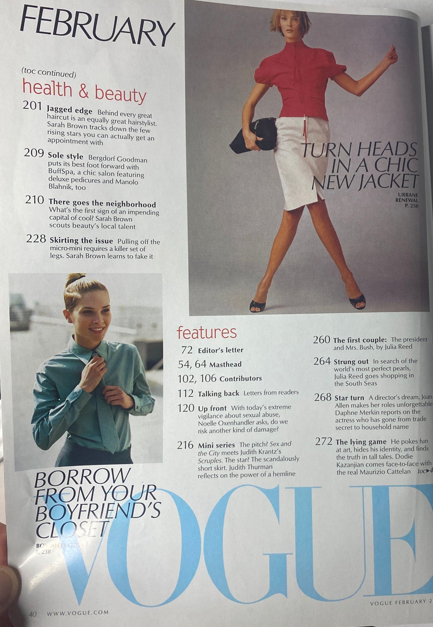 Vogue Magazine February 2001, featuring a health and beauty section showcasing stylish clothing and accessories, with a model in a chic new jacket.