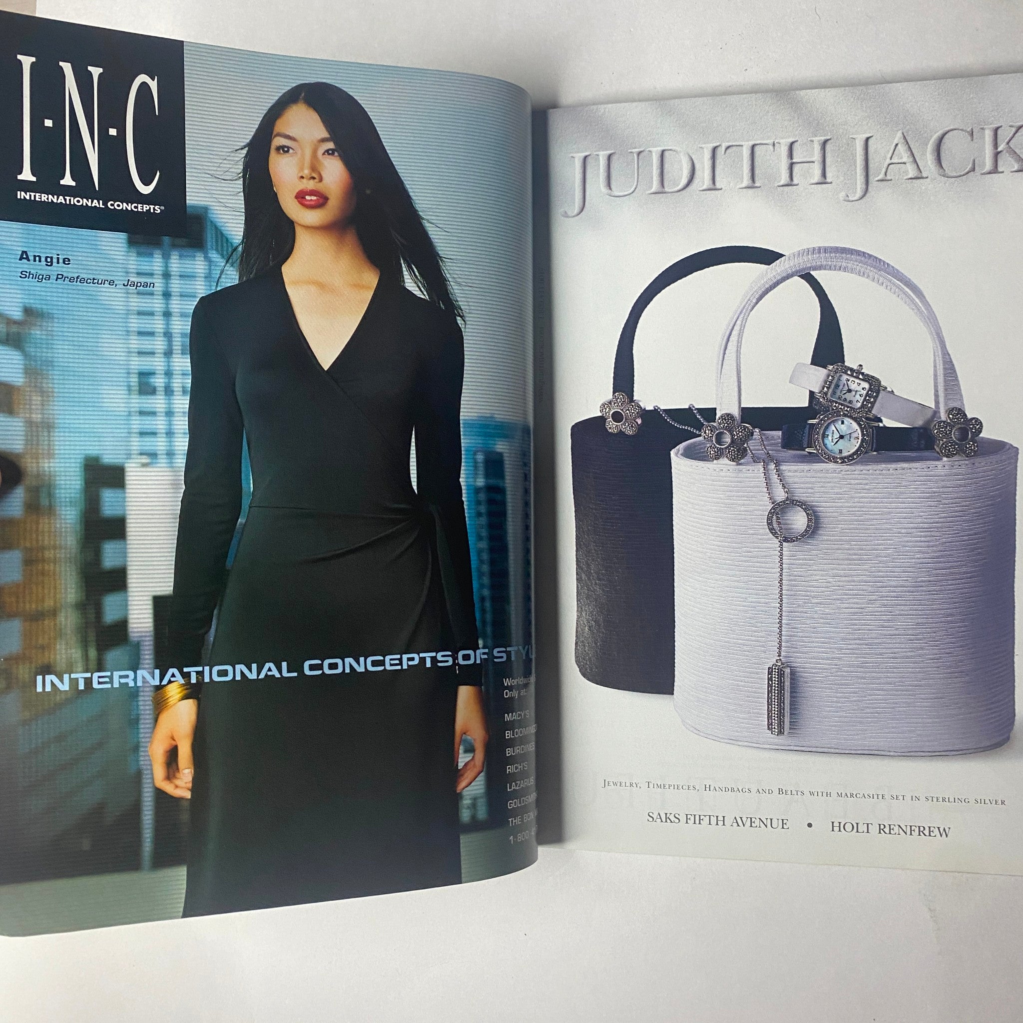 Vogue Magazine February 2001, spotlighting a double-page spread of fashion advertisements including an INC dress and Judith Jack accessories.