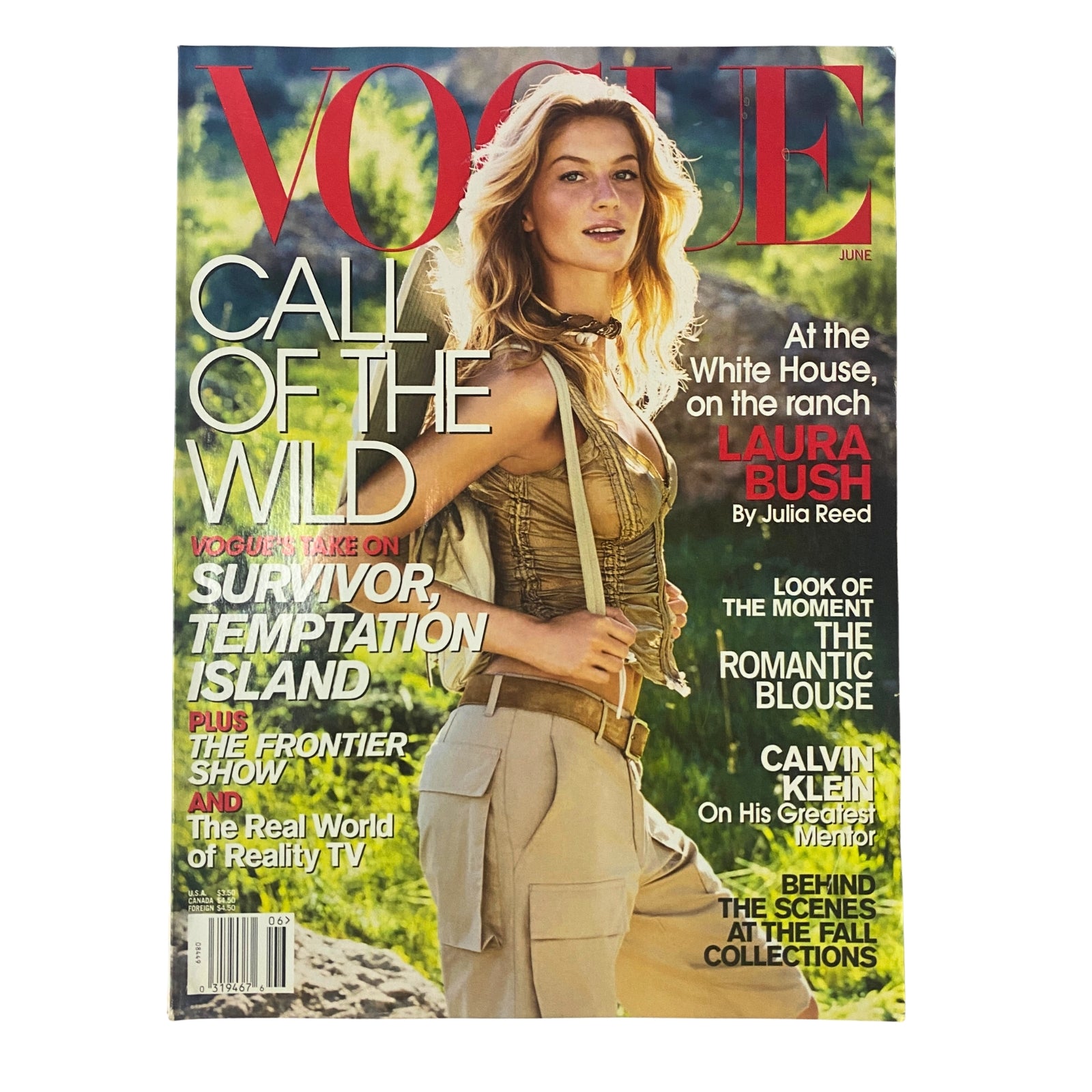Vogue Magazine June 2001 cover featuring Gisele Bündchen, highlighting themes of fashion, beauty, and cultural trends including reality TV obsession and luxury experimentation, in very good condition.