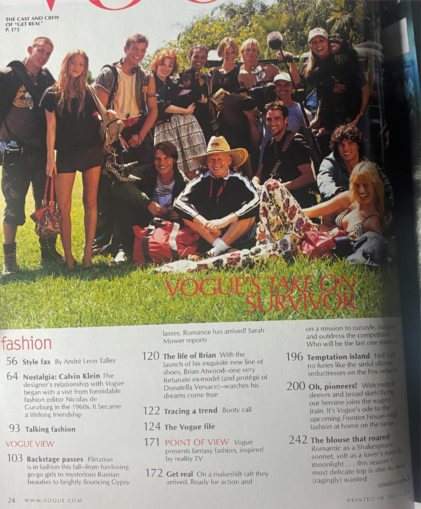 Inside page of Vogue Magazine June 2001, highlighting the cast of reality show Survivor during a fashion feature, capturing group dynamics and outdoor styling.