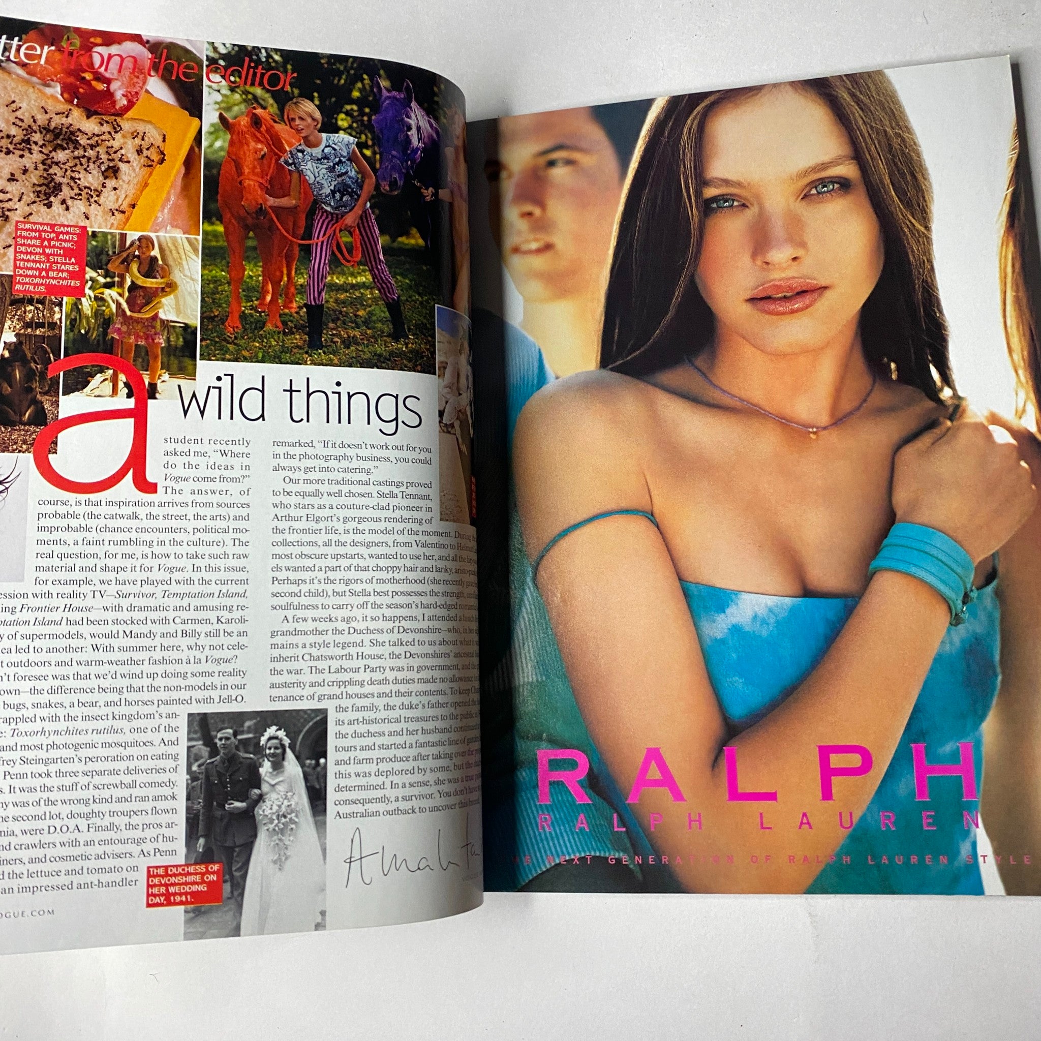 Gisele Bündchen featured in Vogue Magazine, June 2001 issue, showcasing Ralph Lauren fashion. The image displays an editorial layout with vibrant colors and fashion commentary.
