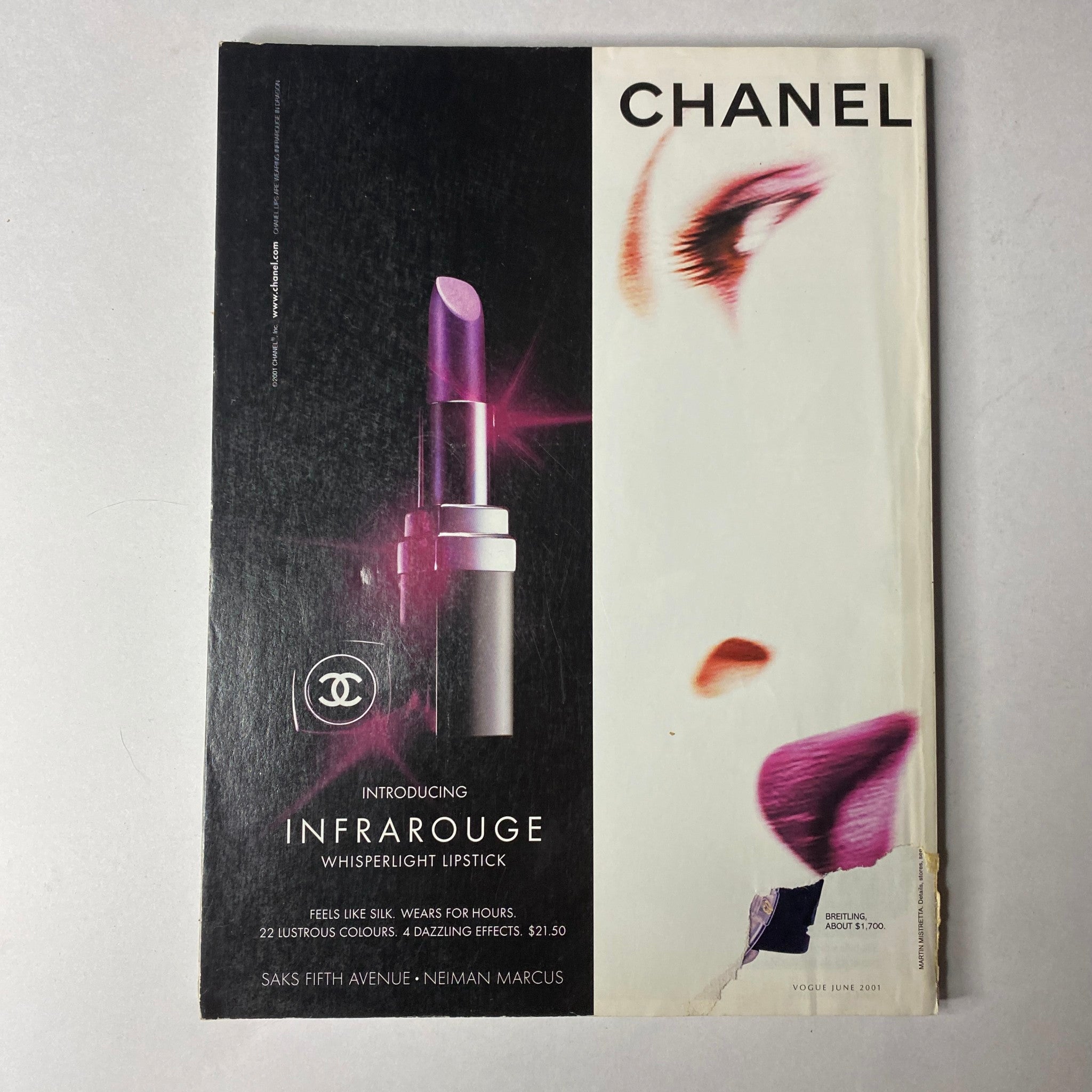 Chanel advertisement for Infrarouge Whisperlight Lipstick in Vogue Magazine, June 2001. The image highlights the lipstick product with a striking design and features text emphasizing its luxurious effects.