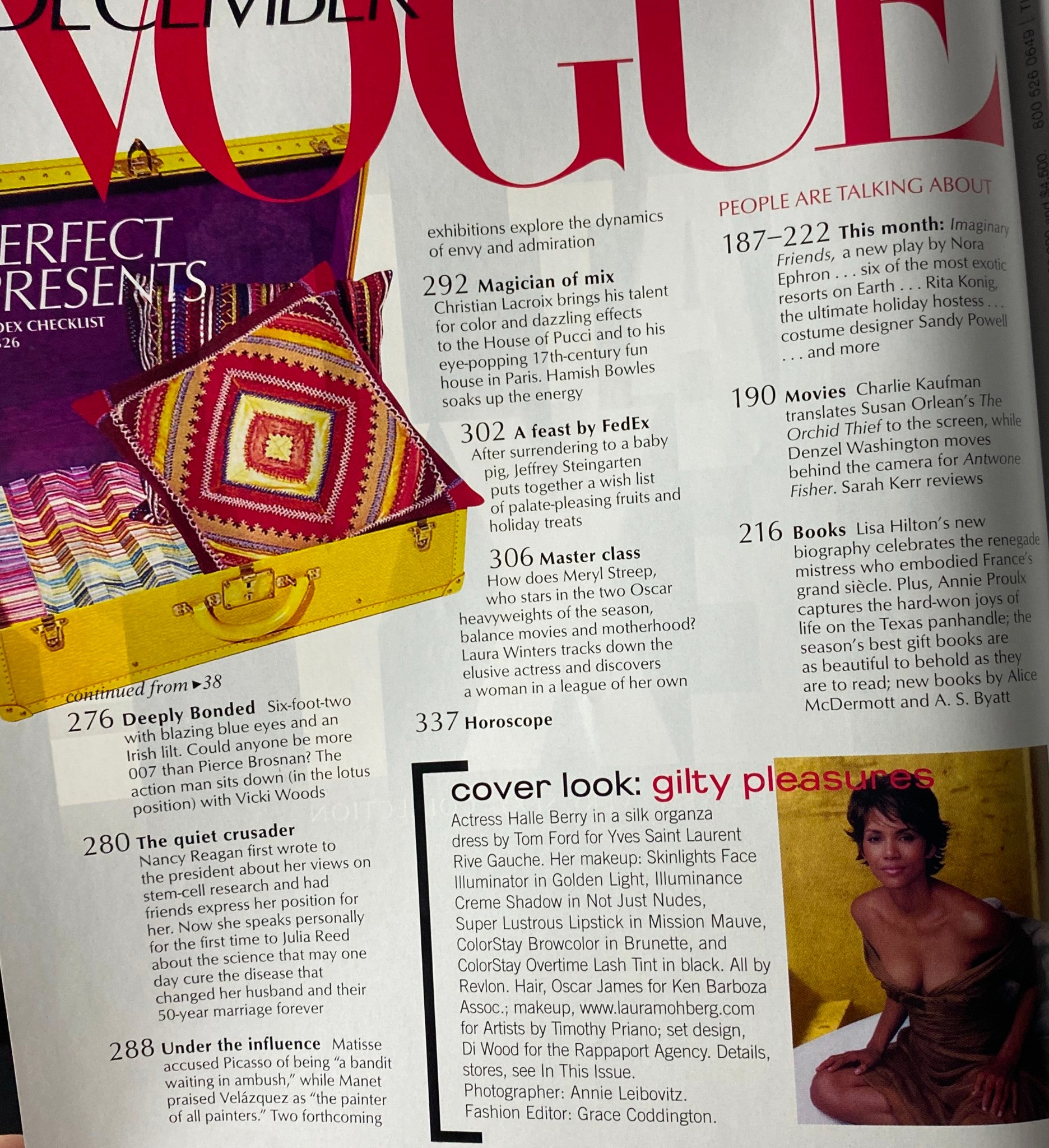 Vogue Magazine December 2002 Halle Berry Cover No Label - Inside content featuring an article titled 'Deeply Bonded' discussing Halle Berry and the theme of holiday elegance.