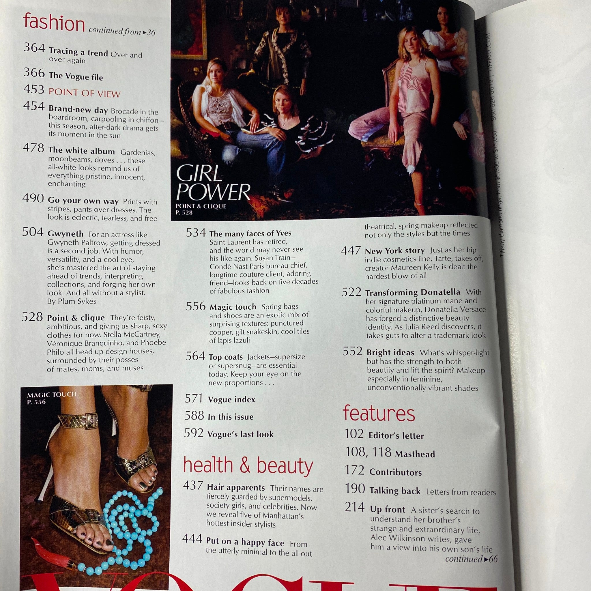 Page spread from Vogue Magazine March 2002, showcasing various fashion features and styles, with a focus on the theme 'The Power of a Fashion Icon'.