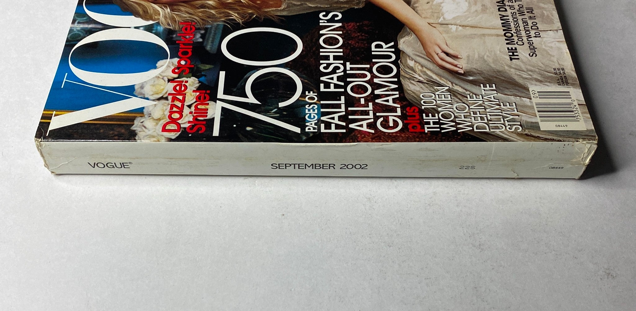Side view of Vogue Magazine September 2002 displaying the spine with the edition title and publication date.