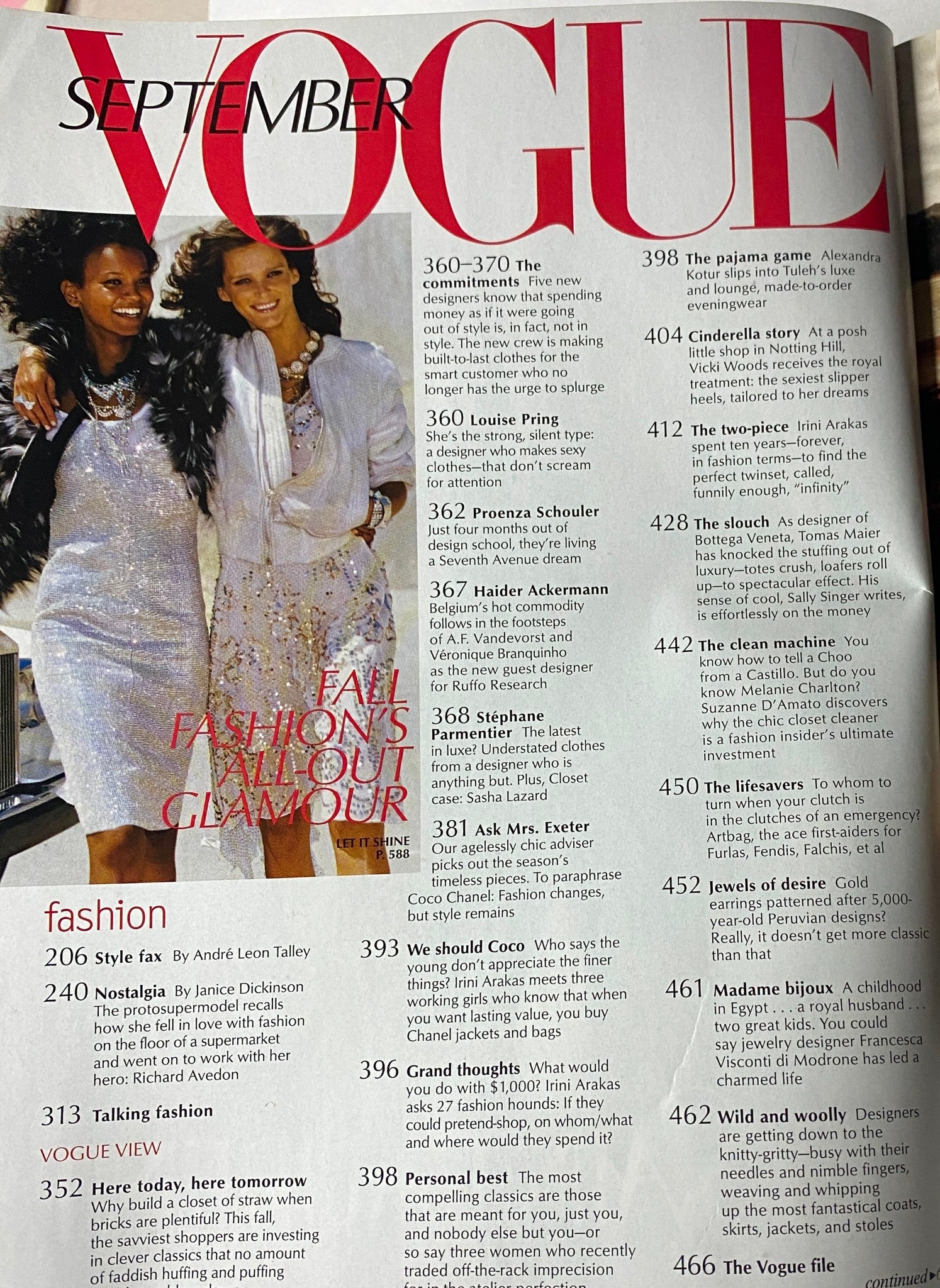 Table of contents page from Vogue Magazine September 2002, highlighting articles on fashion and design.