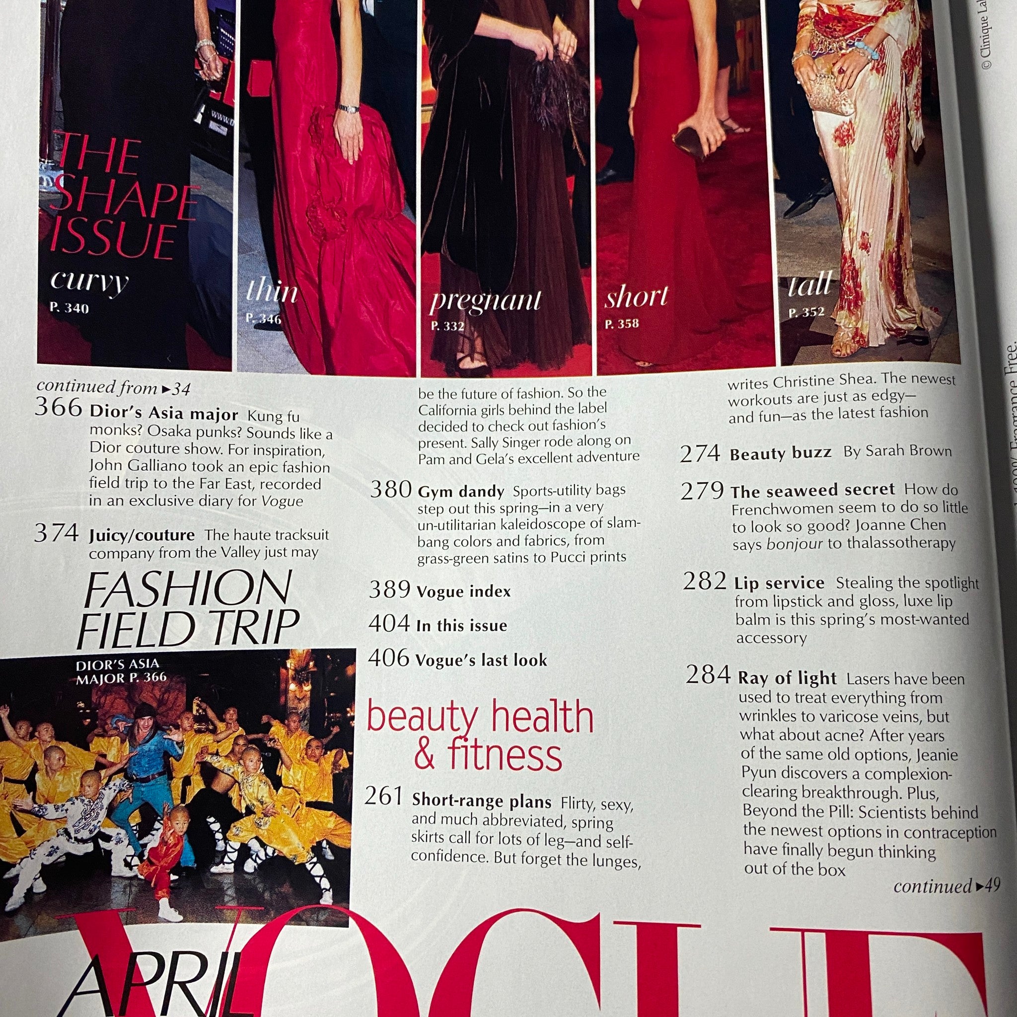 Vogue Magazine April 2003 Brooke Shields Cover No Label VG highlights fashion trends with diverse models showcasing unique styles, including evening gowns and casual wear.