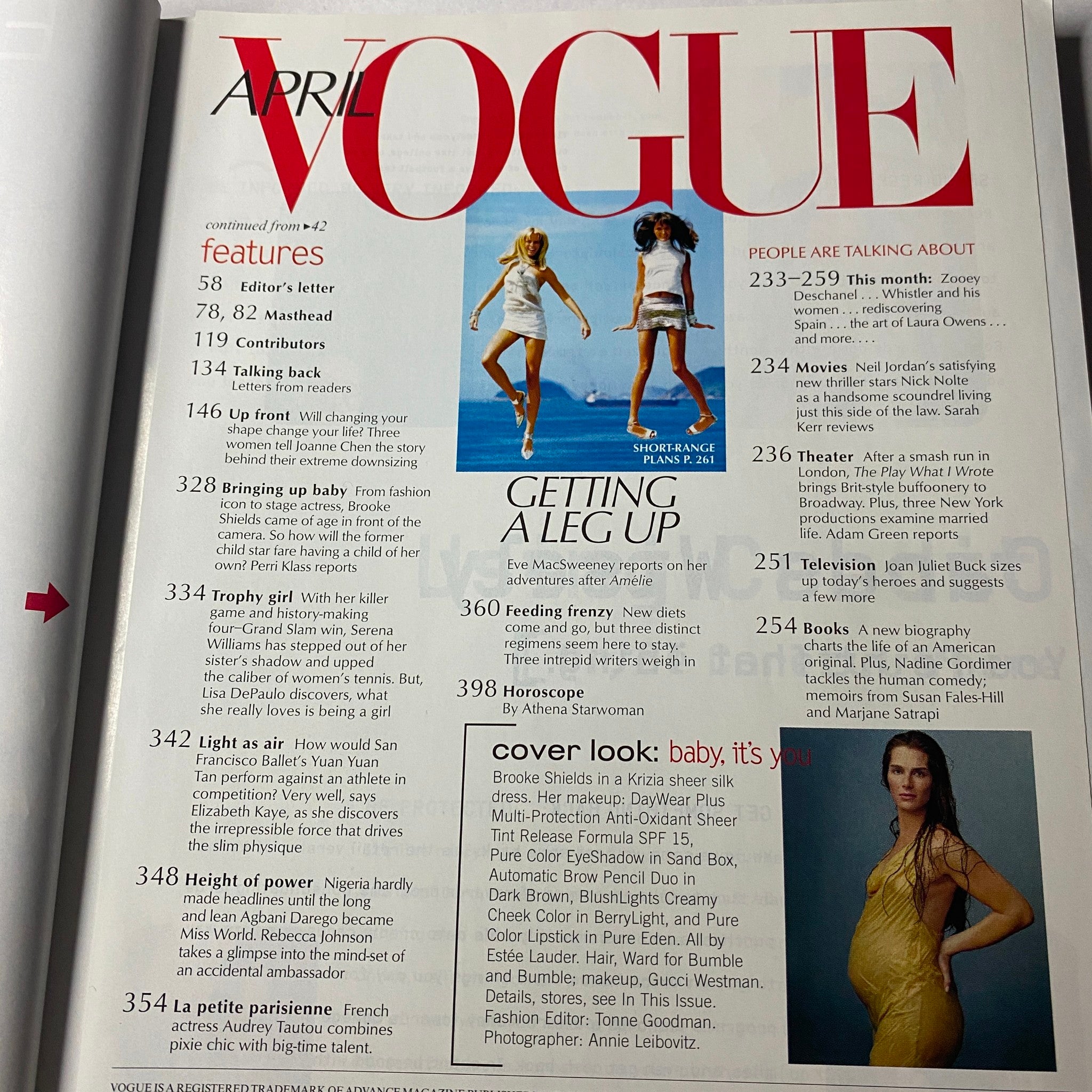 April 2003 Vogue Magazine contents page featuring Brooke Shields, among other notable topics, reflecting on motherhood and prominent fashion discussions.