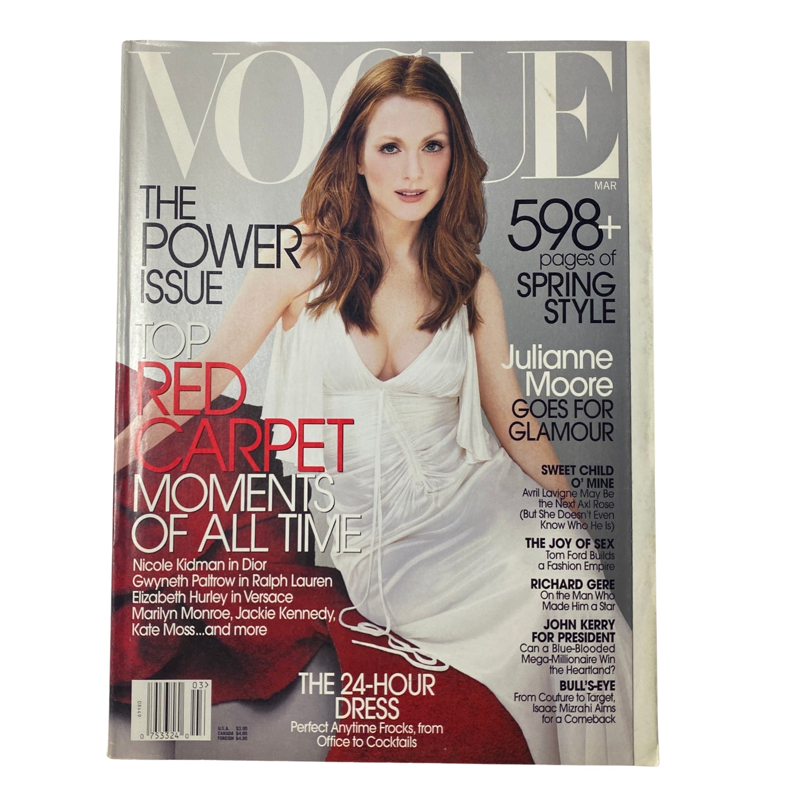 Cover of Vogue Magazine March 2003 featuring Julianne Moore styled by Tonne Goodman. The cover highlights 'The Power Issue' with top red carpet moments and spring style, showcasing Moore in a white gown.