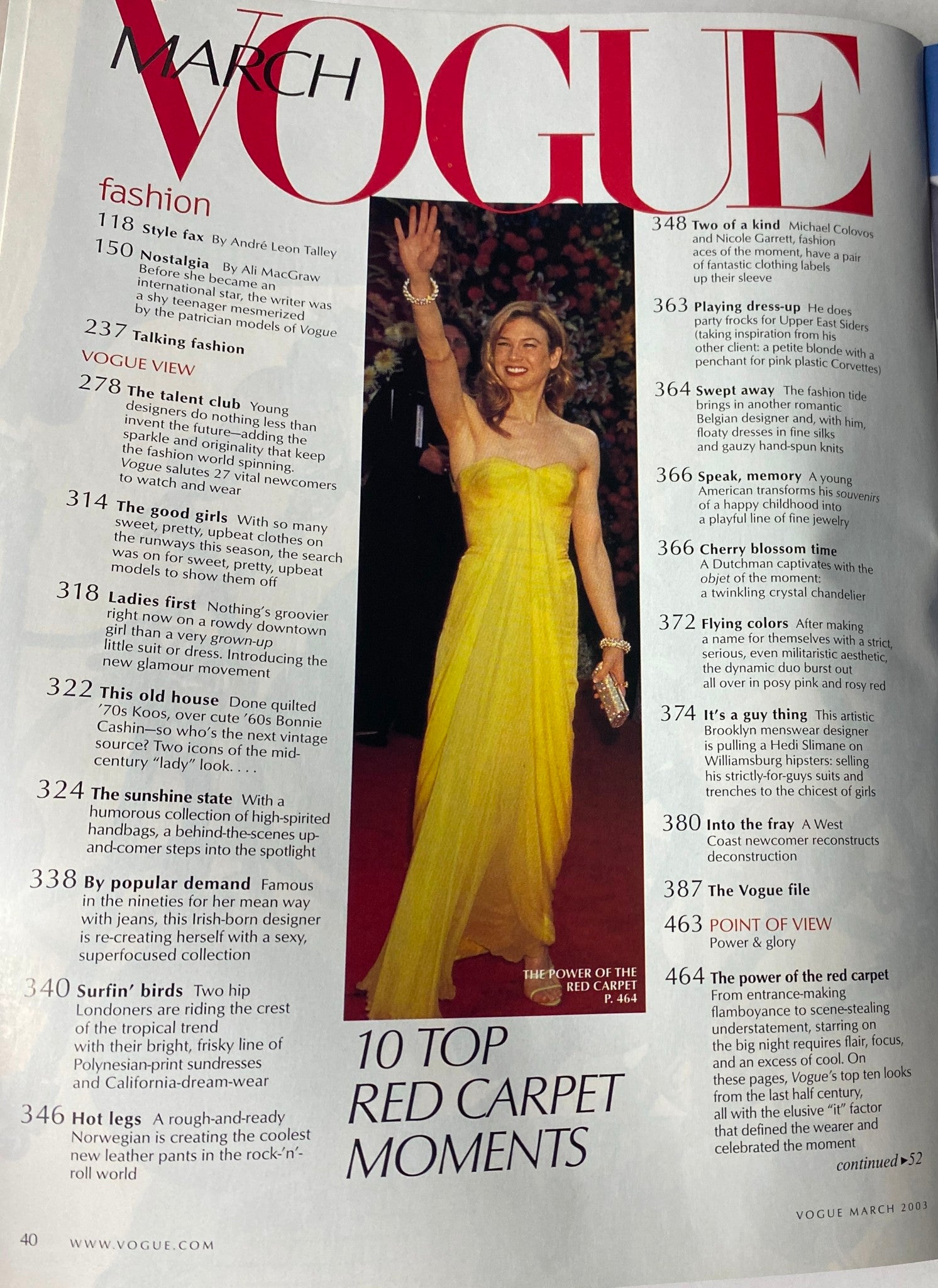Interior page from Vogue Magazine March 2003 showcasing an article on top red carpet moments featuring a yellow dress on the red carpet. The magazine focuses on women's fashion highlights for the season.