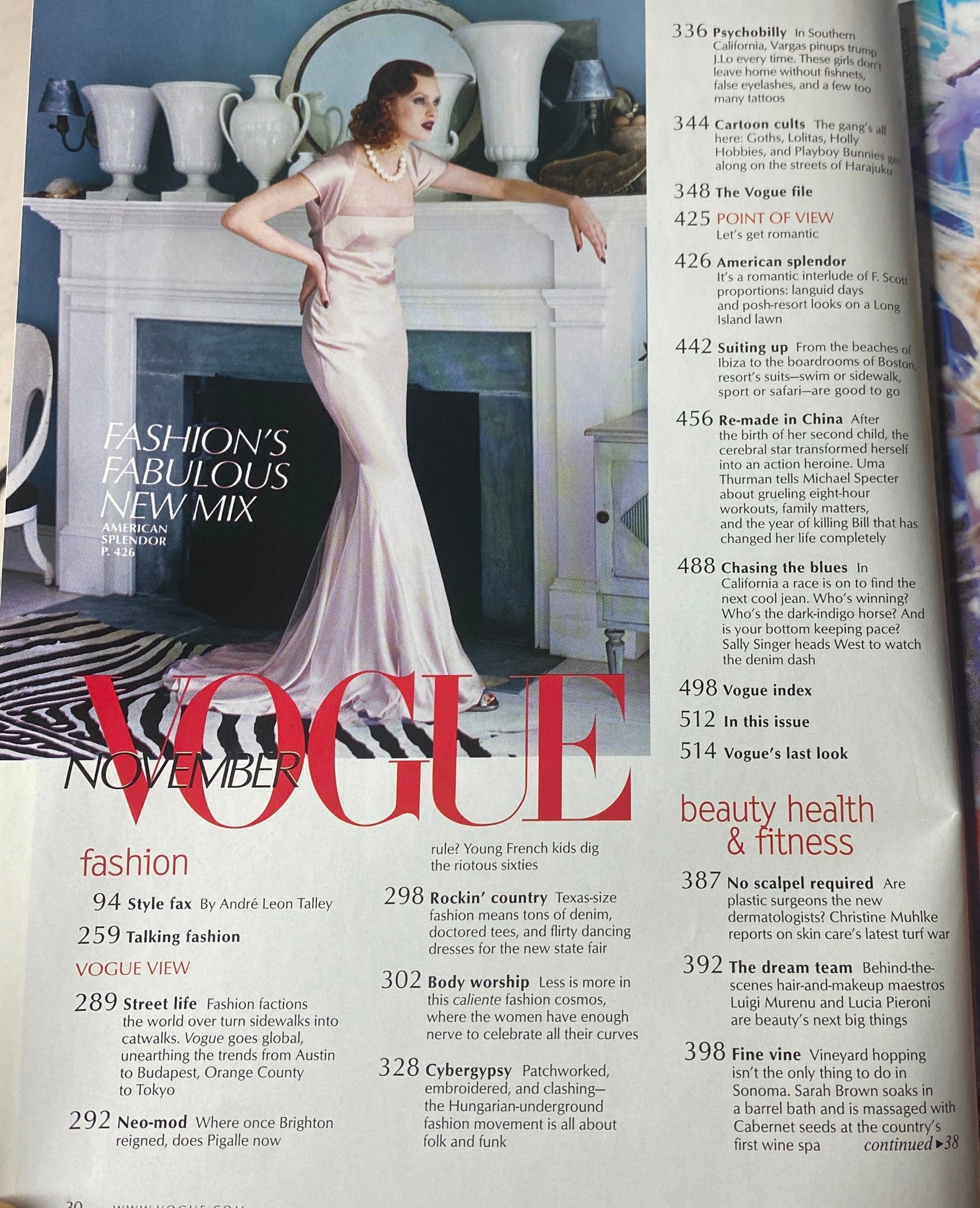 Interior page of Vogue Magazine November 2003 showcasing a fashion spread with Uma Thurman, illustrating fashion's fabulous mix.