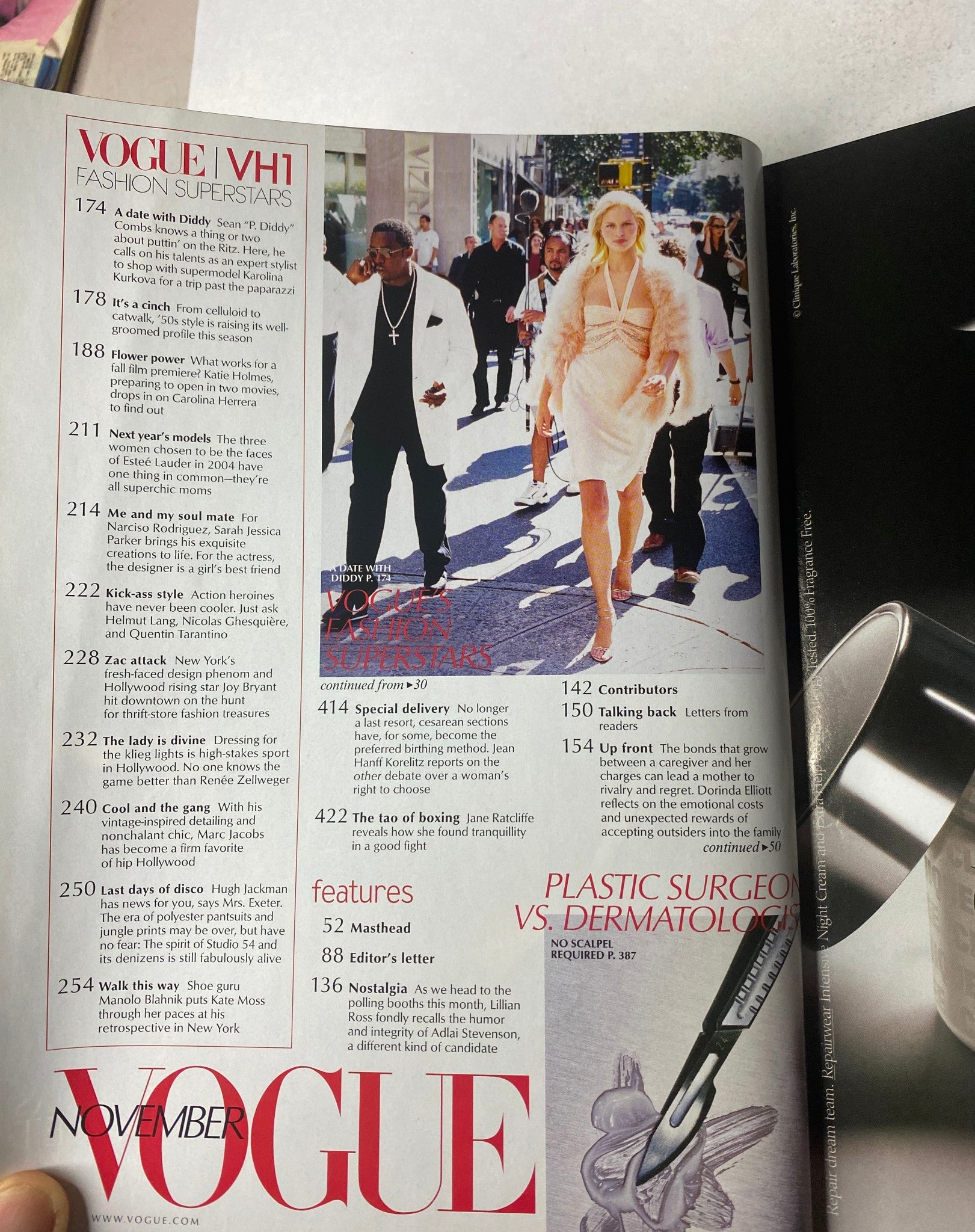 Another interior page from Vogue Magazine November 2003 detailing features and contributors, linked to Uma Thurman's cover story.