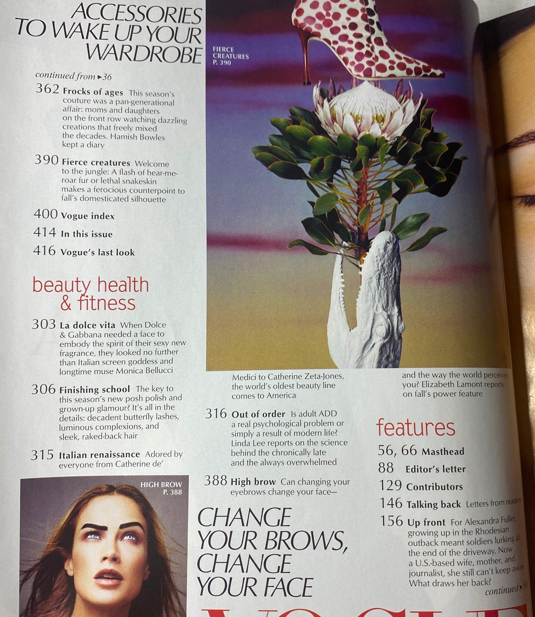 Interior page from Vogue Magazine October 2003, showcasing articles on fashion accessories, beauty health, and notable features relevant to the issue.