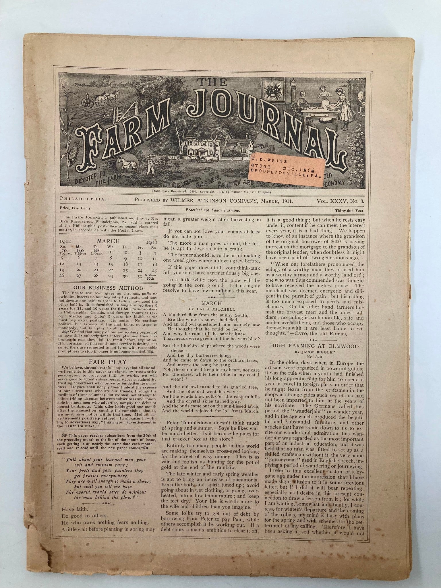 Cover page of VTG The Farm Journal Magazine March 1911 featuring illustrated scenery and articles related to agriculture.