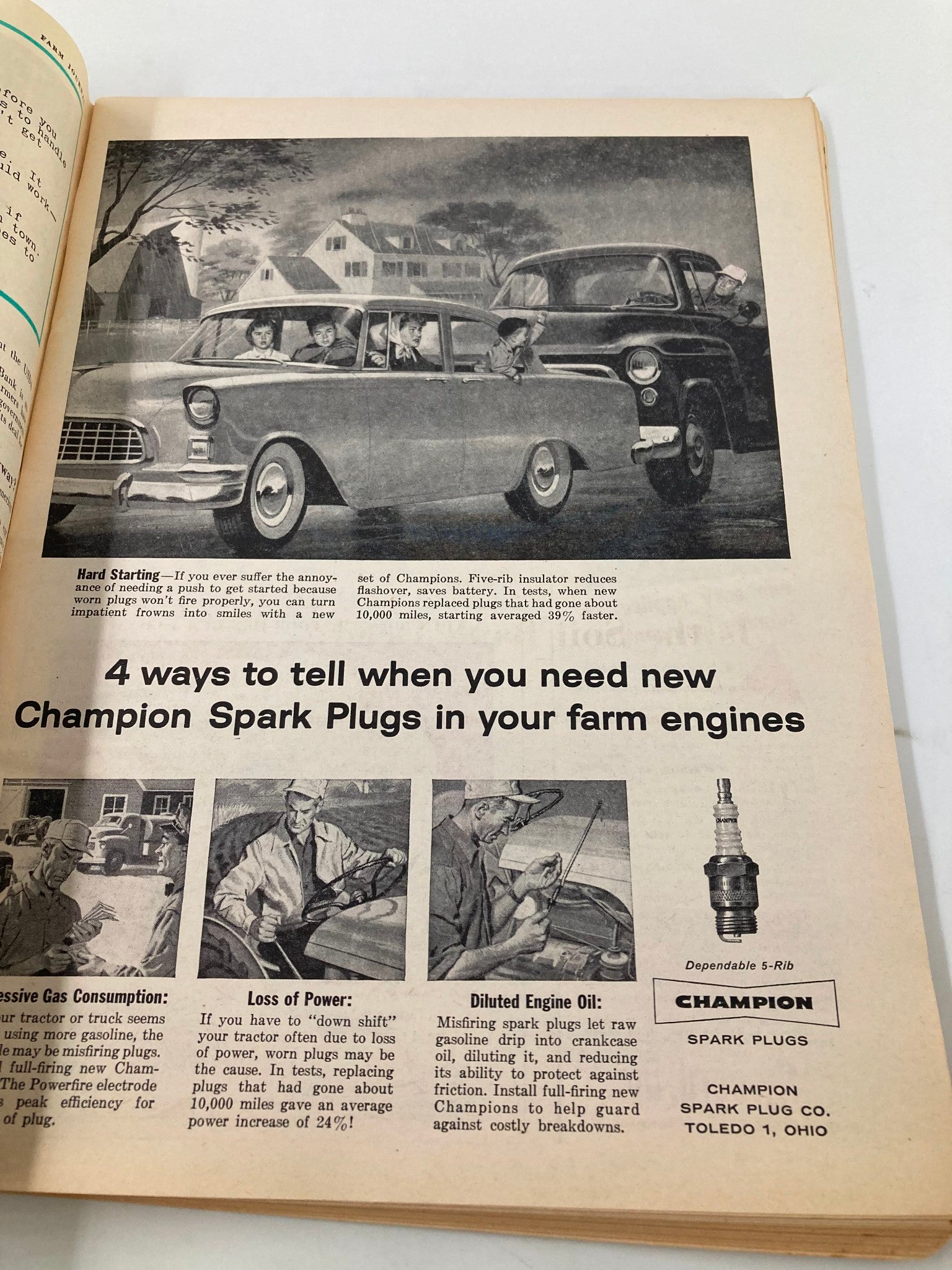 Inside page of VTG Farm Journal Magazine June 1957 showcasing an advertisement for Champion Spark Plugs, including tips for maintaining farm engines.