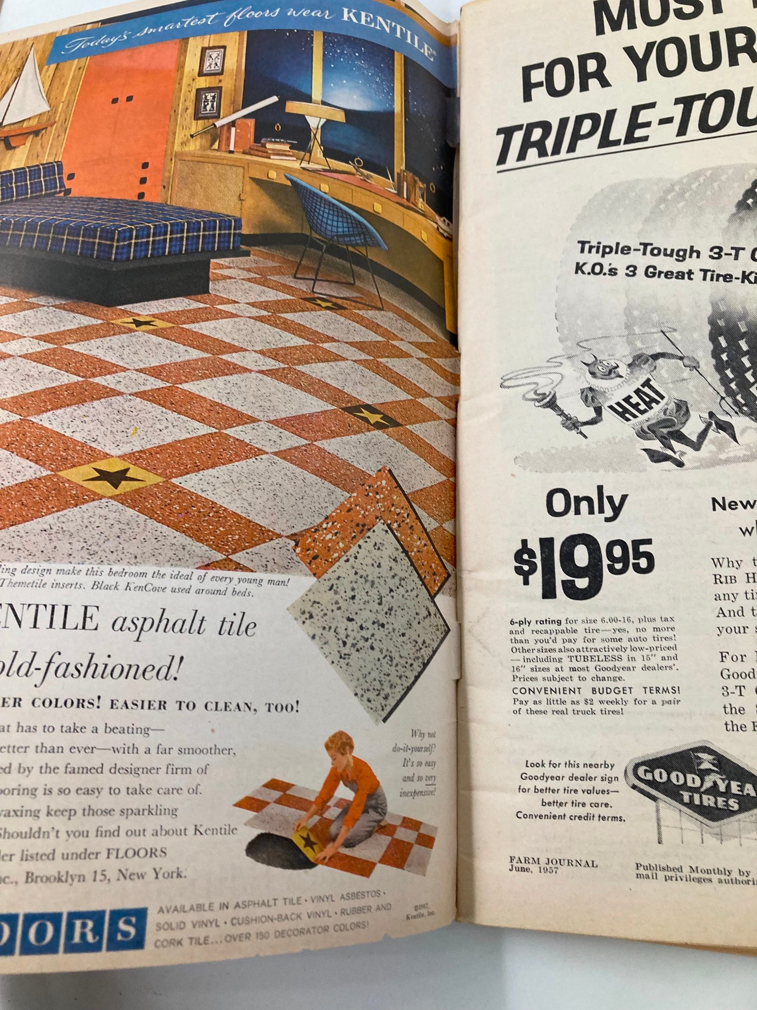 Interior design featuring Kentile asphalt tile flooring from VTG Farm Journal Magazine June 1957, showcasing a stylish room with contemporary decor and flooring options.
