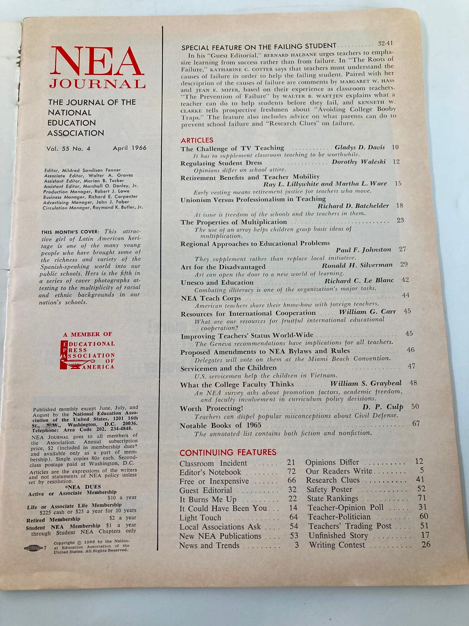 VTG NEA Journal Magazine April 1966 Retirement Benefits and Teacher Mobility