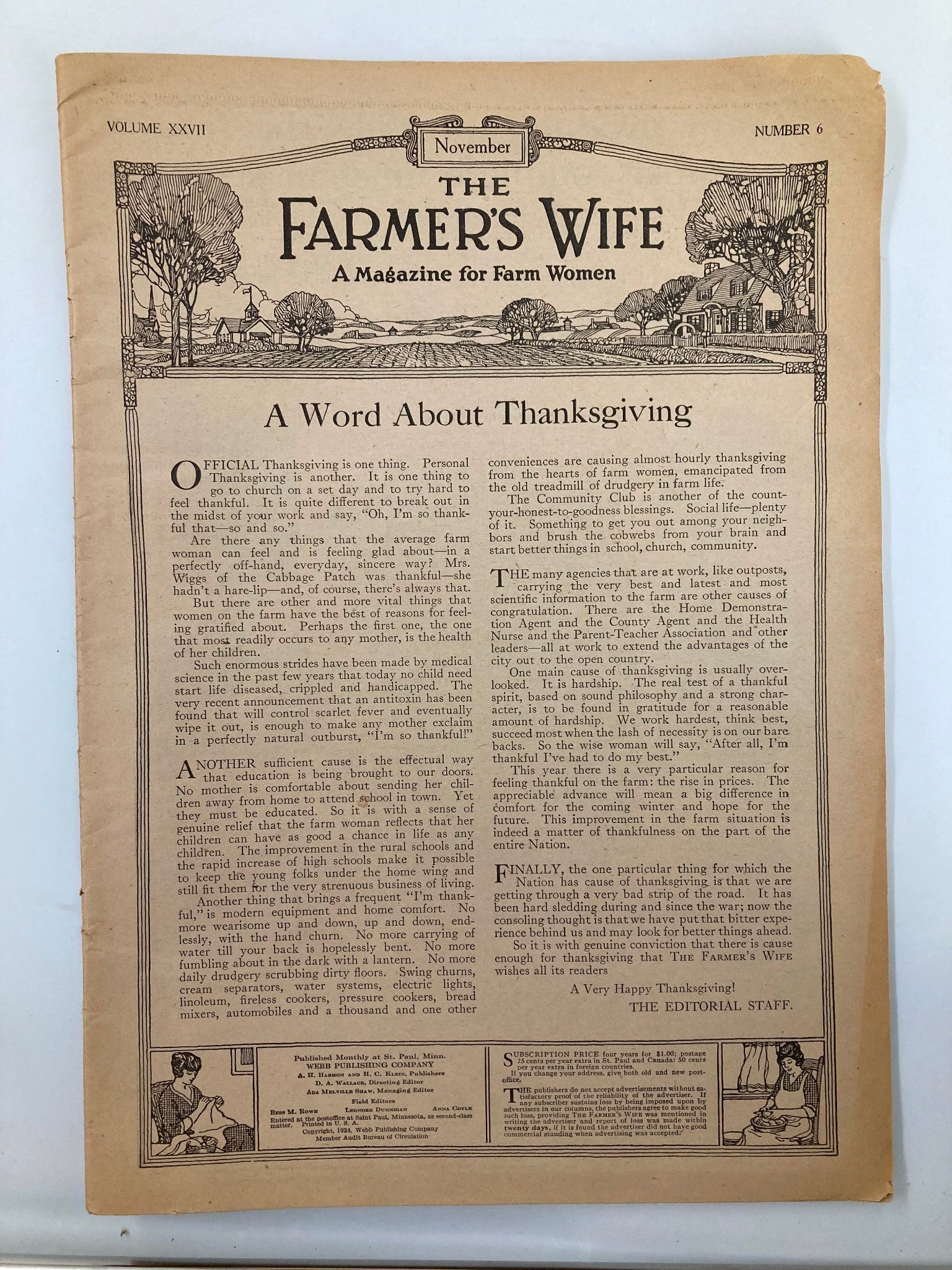 VTG The Farmer's Wife Magazine November 1924 The Border Wolf No Label