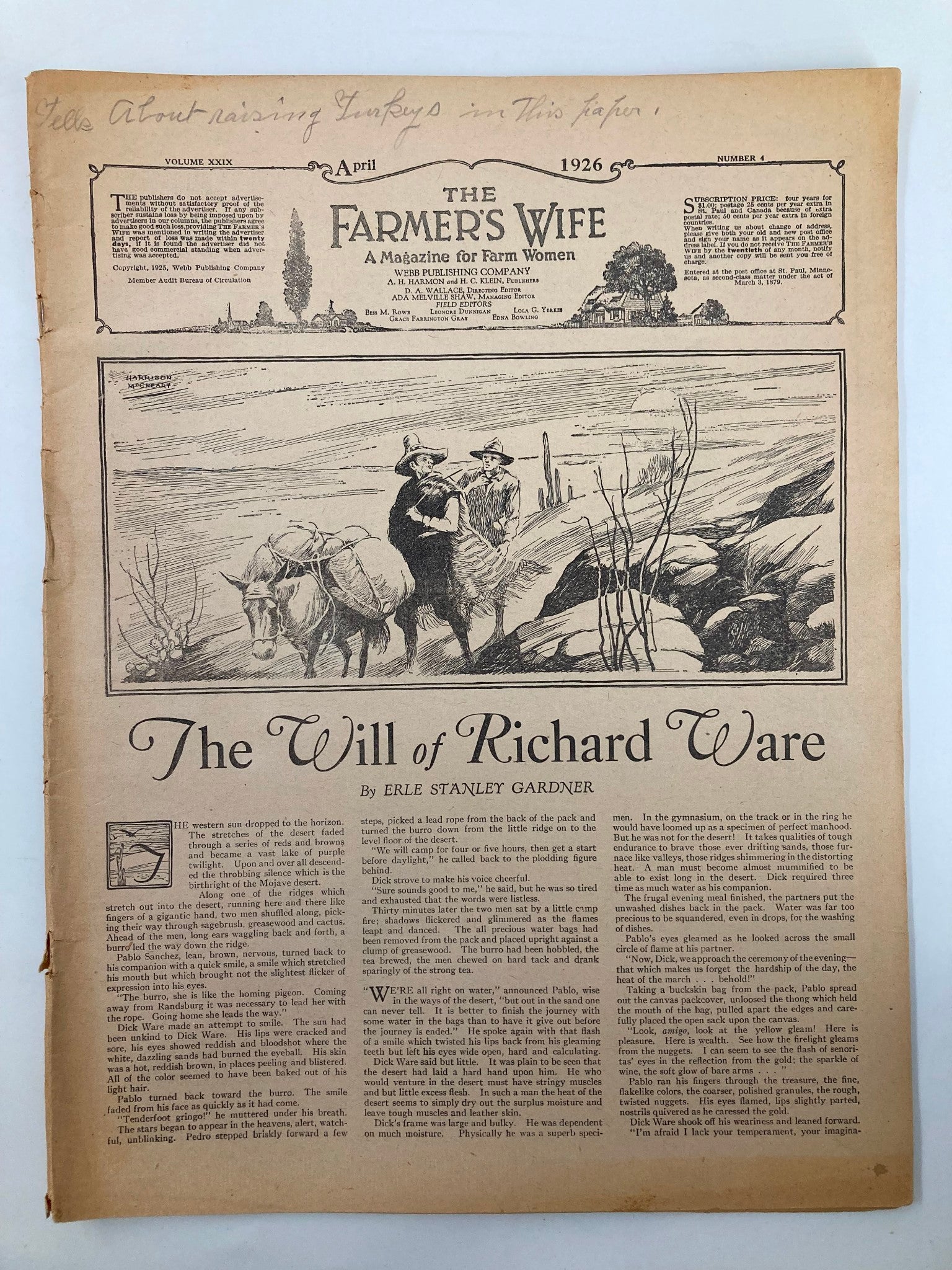 VTG The Farmer's Wife Magazine April 1926 The Will of Richard Ware No Label