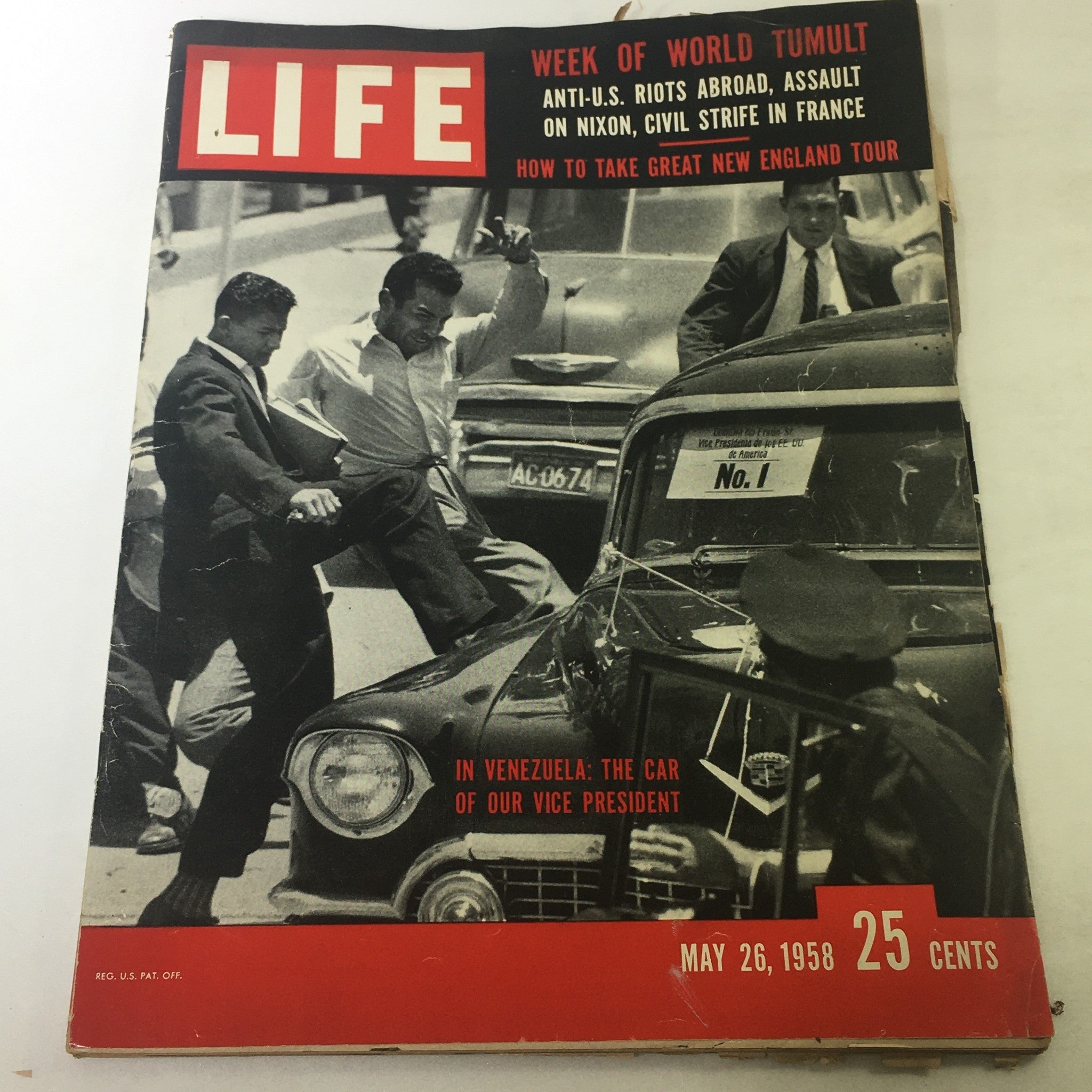 Cover of VTG Life Magazine, May 26, 1958, featuring 'Anti-U.S. Riots Abroad' and 'Assault on Nixon' headlines.