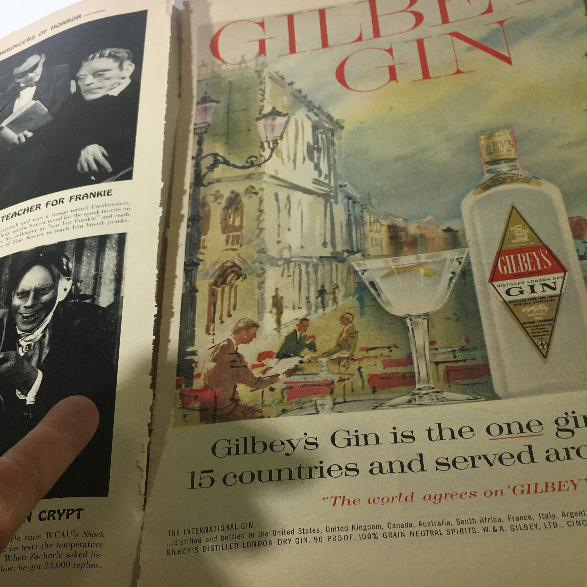 Advertisement page for Gilbey's Gin in VTG Life Magazine, May 26, 1958, showcasing vintage graphic design.