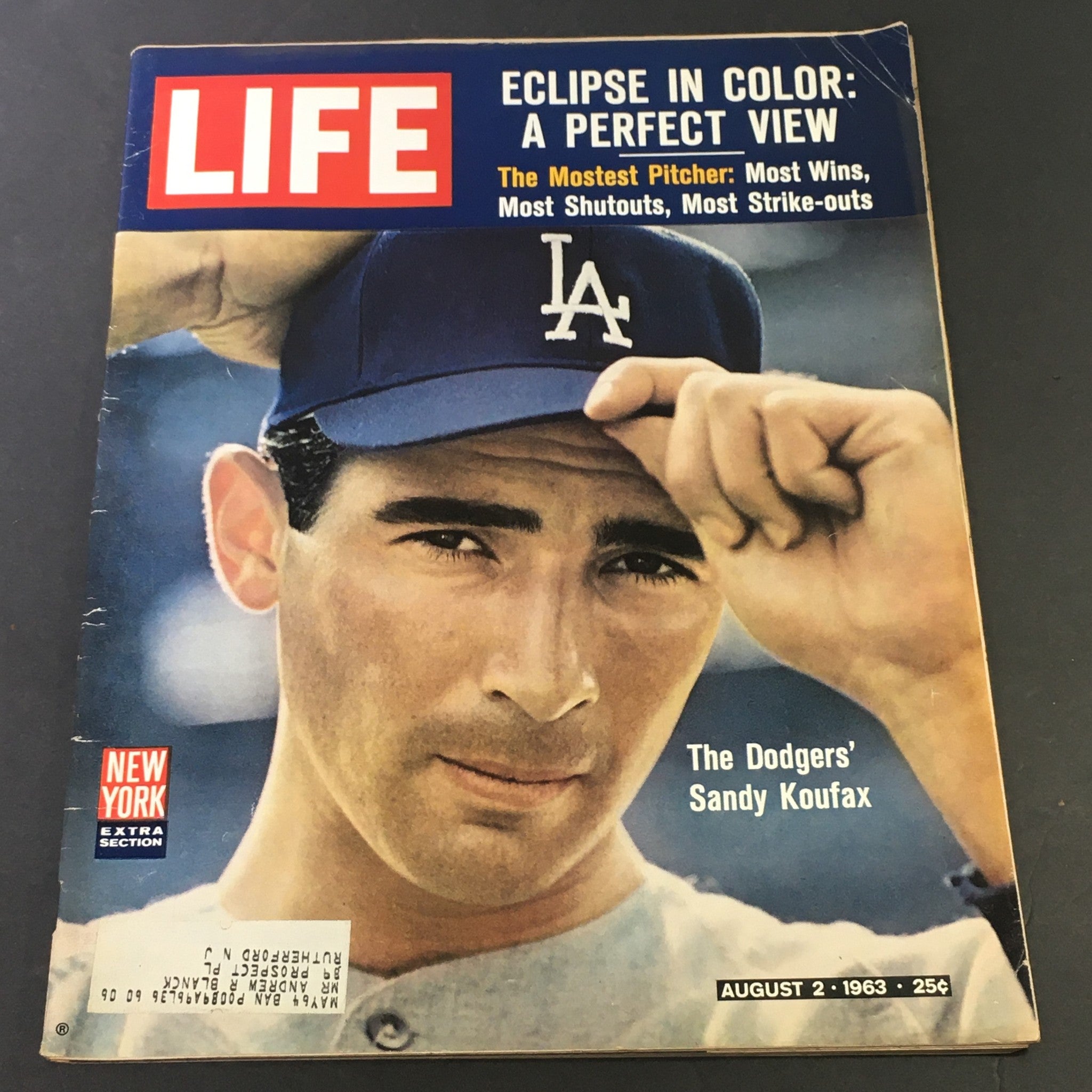 Vintage Life Magazine cover from August 2, 1963, featuring Dodgers' Sandy Koufax and the headline 'Eclipse in Color: A Perfect View'.