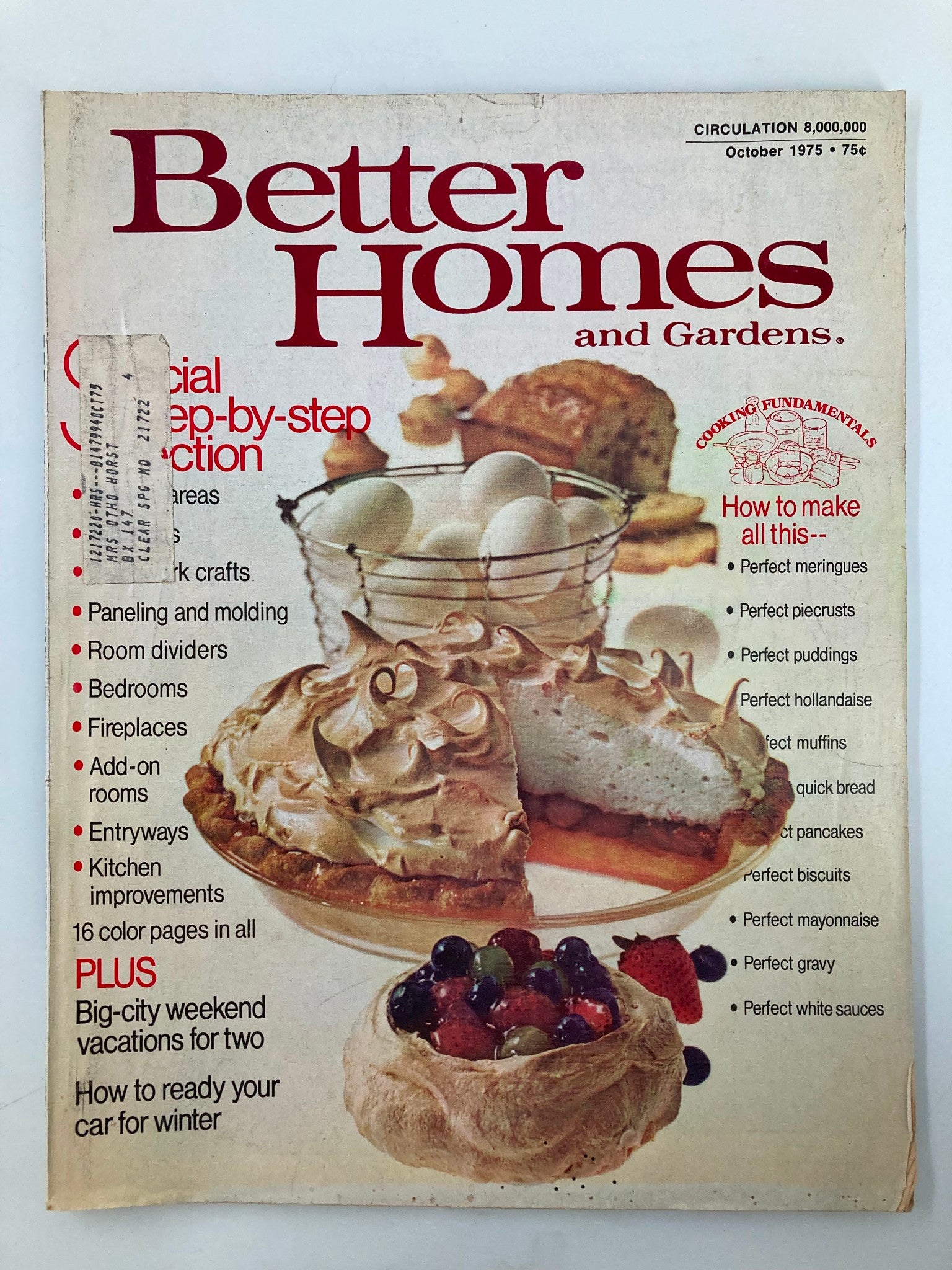 Cover of VTG Better Homes and Gardens Magazine October 1975 featuring a pie and a dessert basket, highlighting themes of cooking and home care.