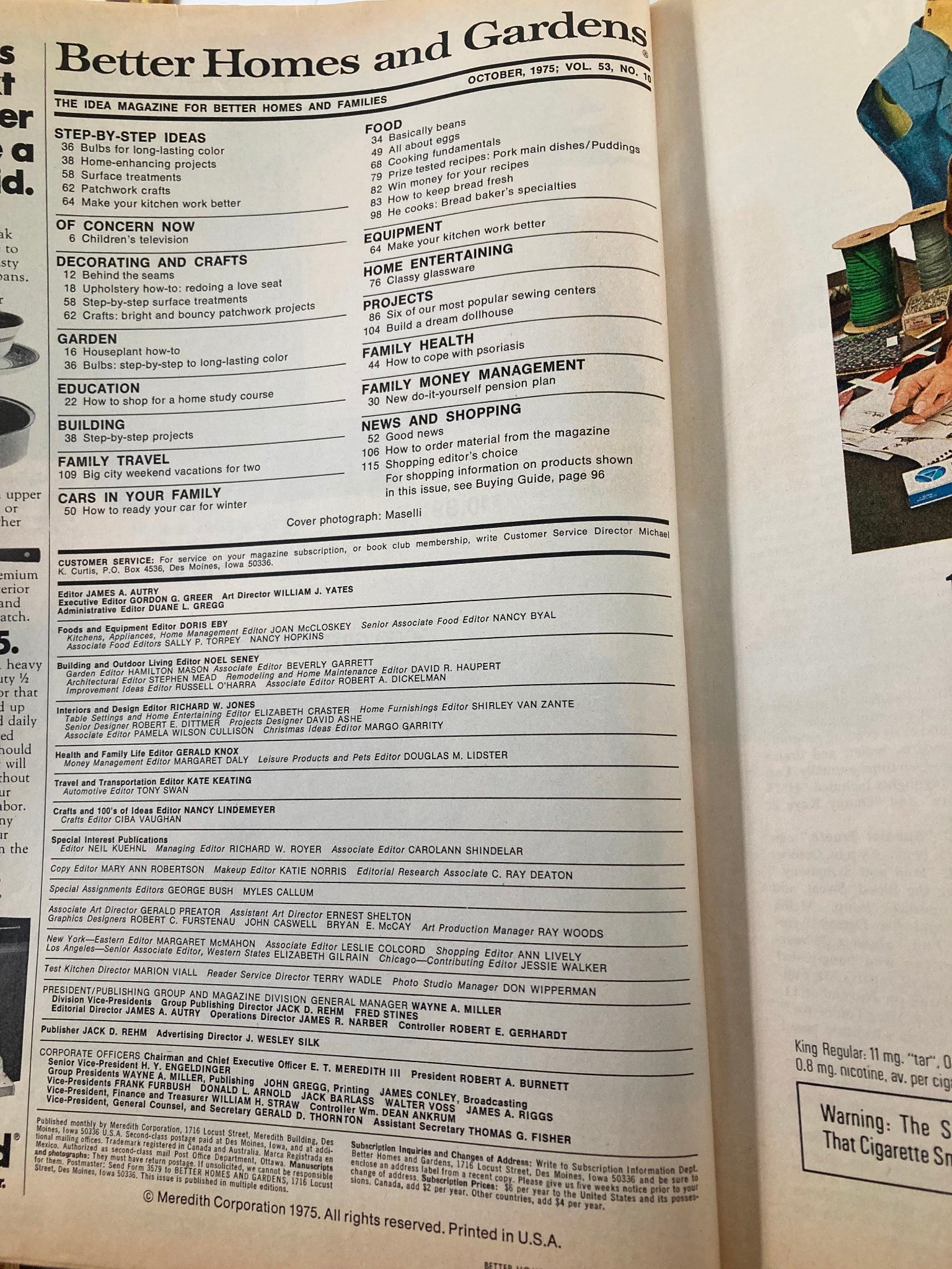 Inside page of VTG Better Homes and Gardens Magazine October 1975 displaying the table of contents with various home improvement and lifestyle topics.