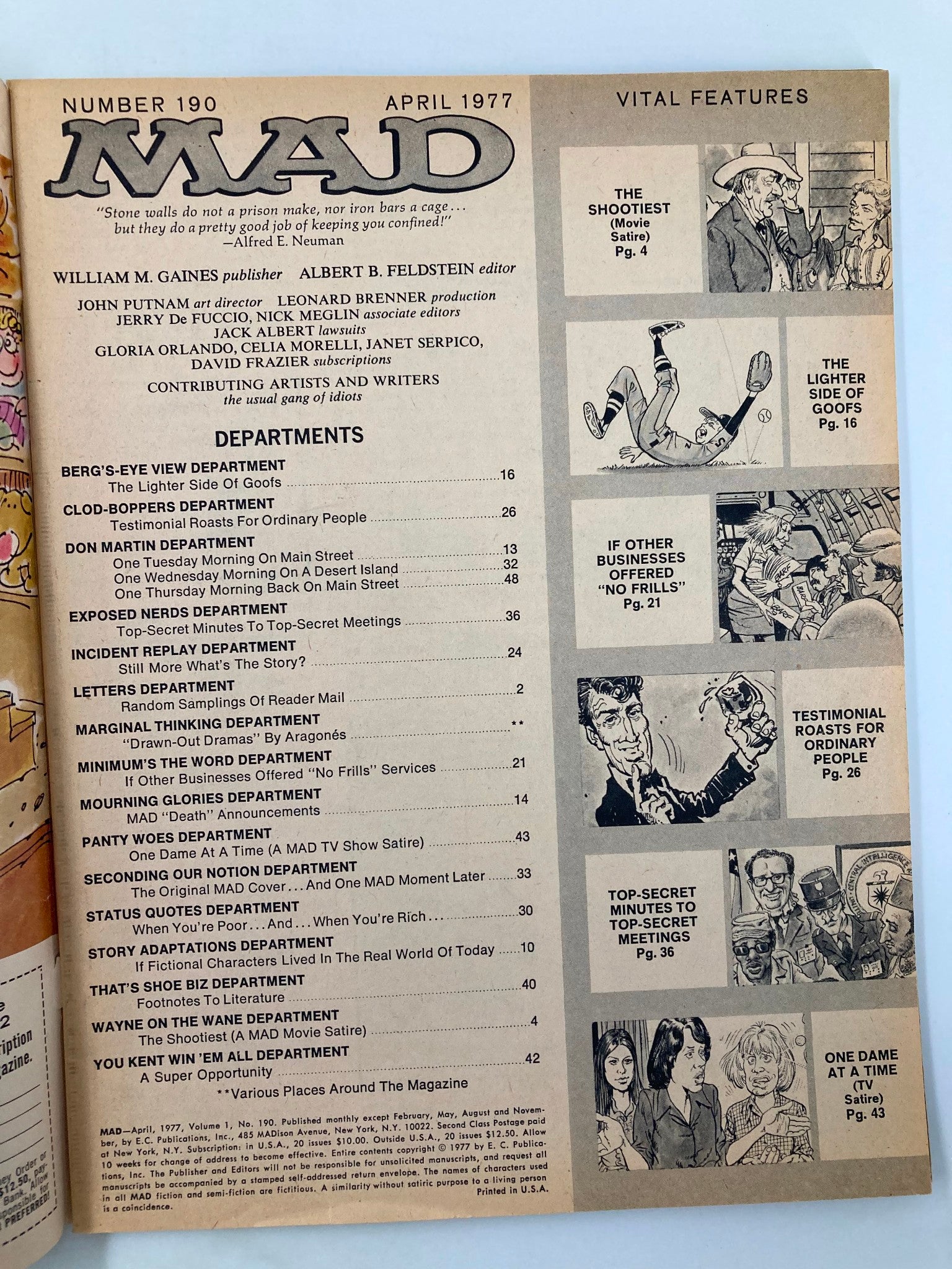 Mad Magazine April 1977 No. 190 Blasts 'The Shootis' Fine FN 6.0 No Label