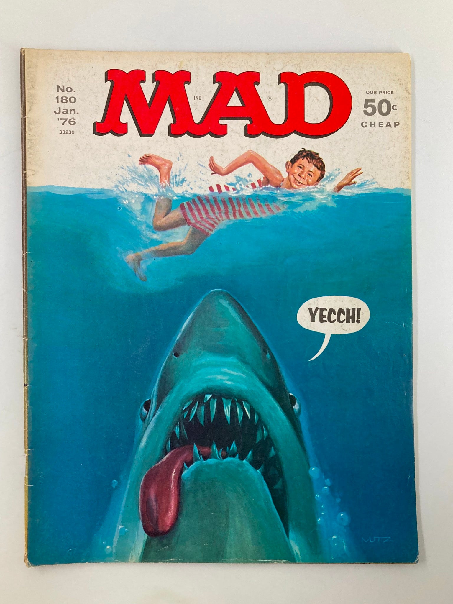 Cover of Mad Magazine, January 1976, Issue No. 180, featuring a satire of the movie Jaws