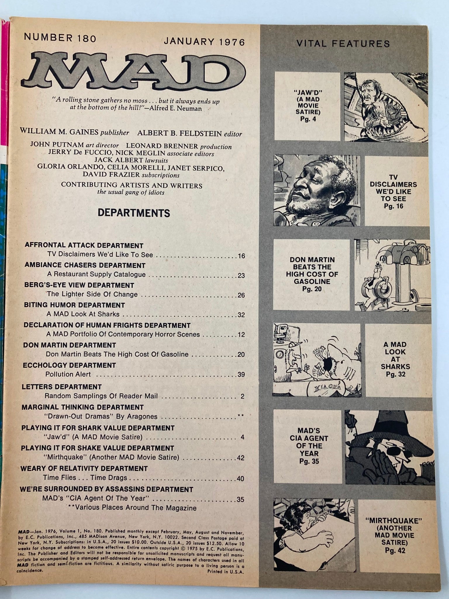 Mad Magazine January 1976 No. 180 Jaw'D A Movie Sattire Fine FN 6.0 No Label