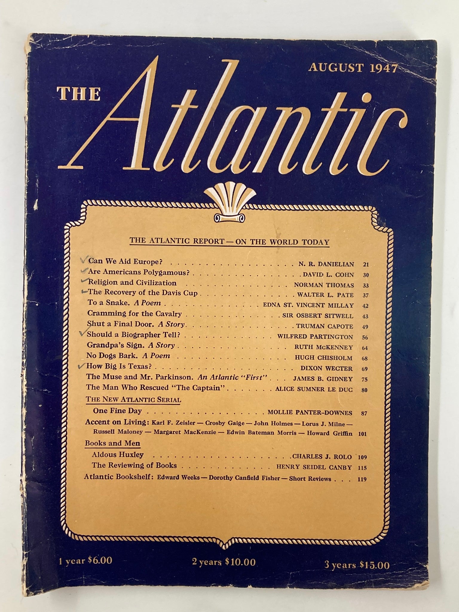 VTG The Atlantic Magazine August 1947 Are Americans Polygamous? No Label