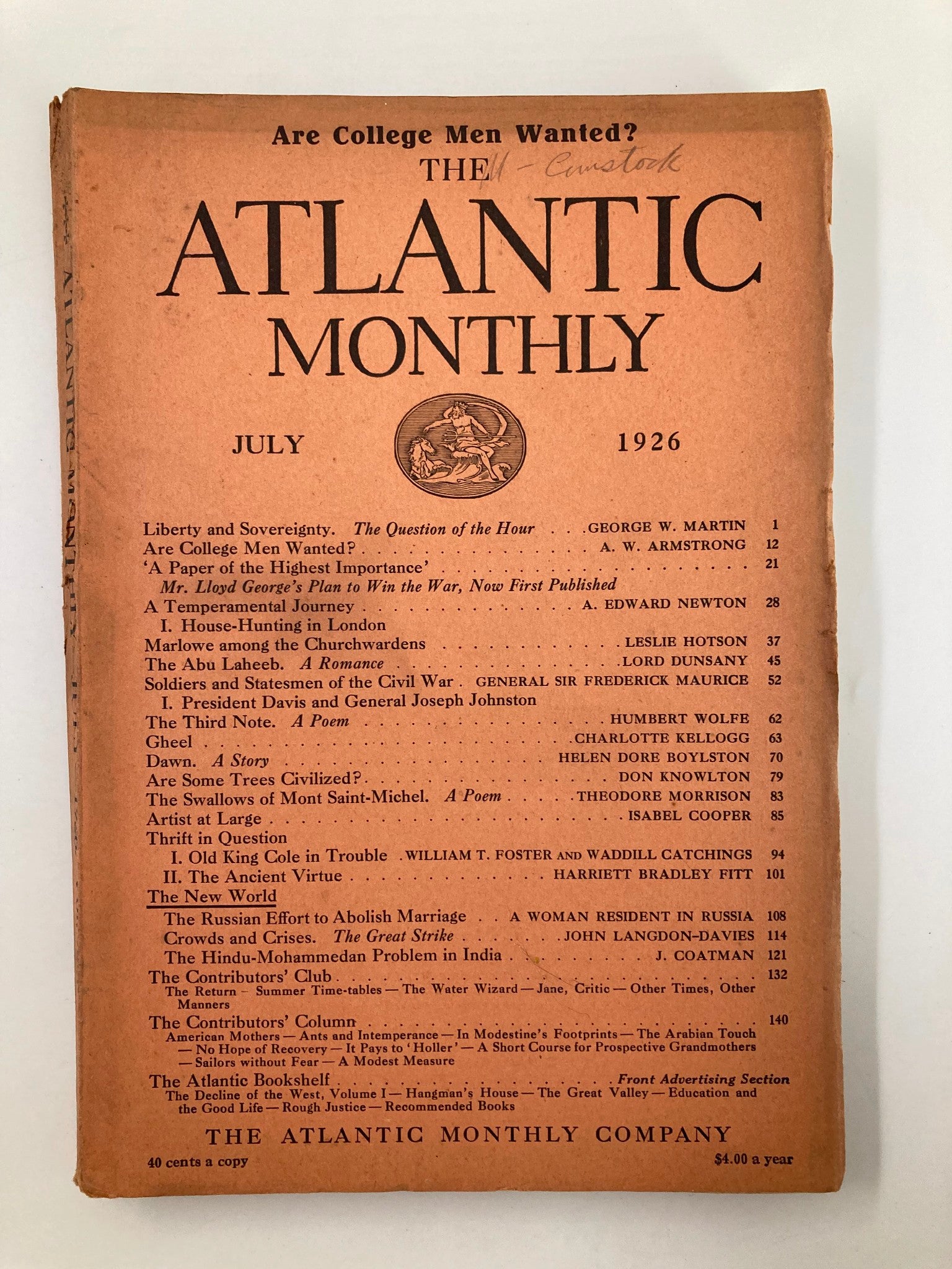 VTG The Atlantic Magazine July 1926 House-Hunting in London No Label