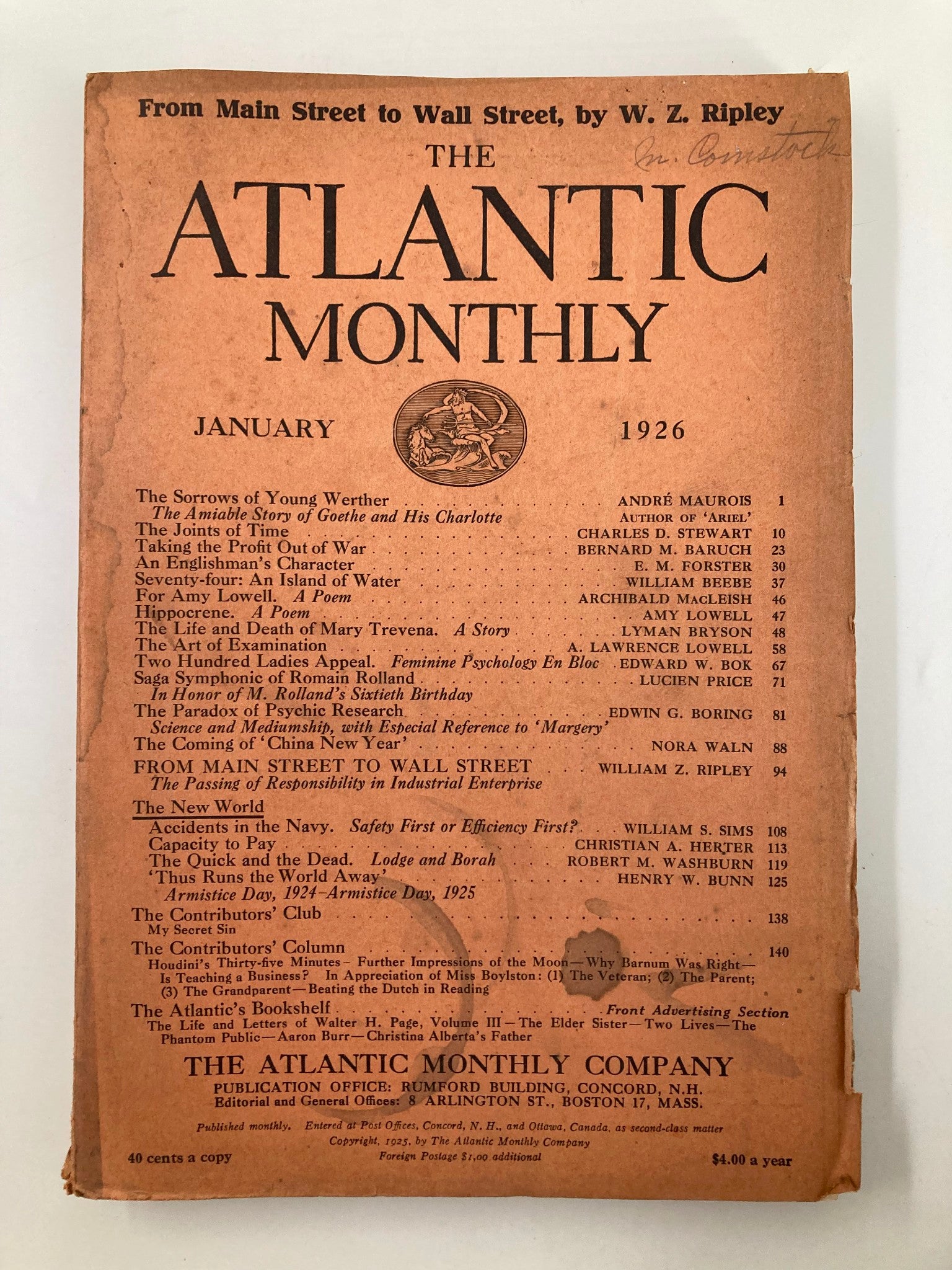 VTG The Atlantic Magazine January 1926 The Sorrows of Young Werther No Label