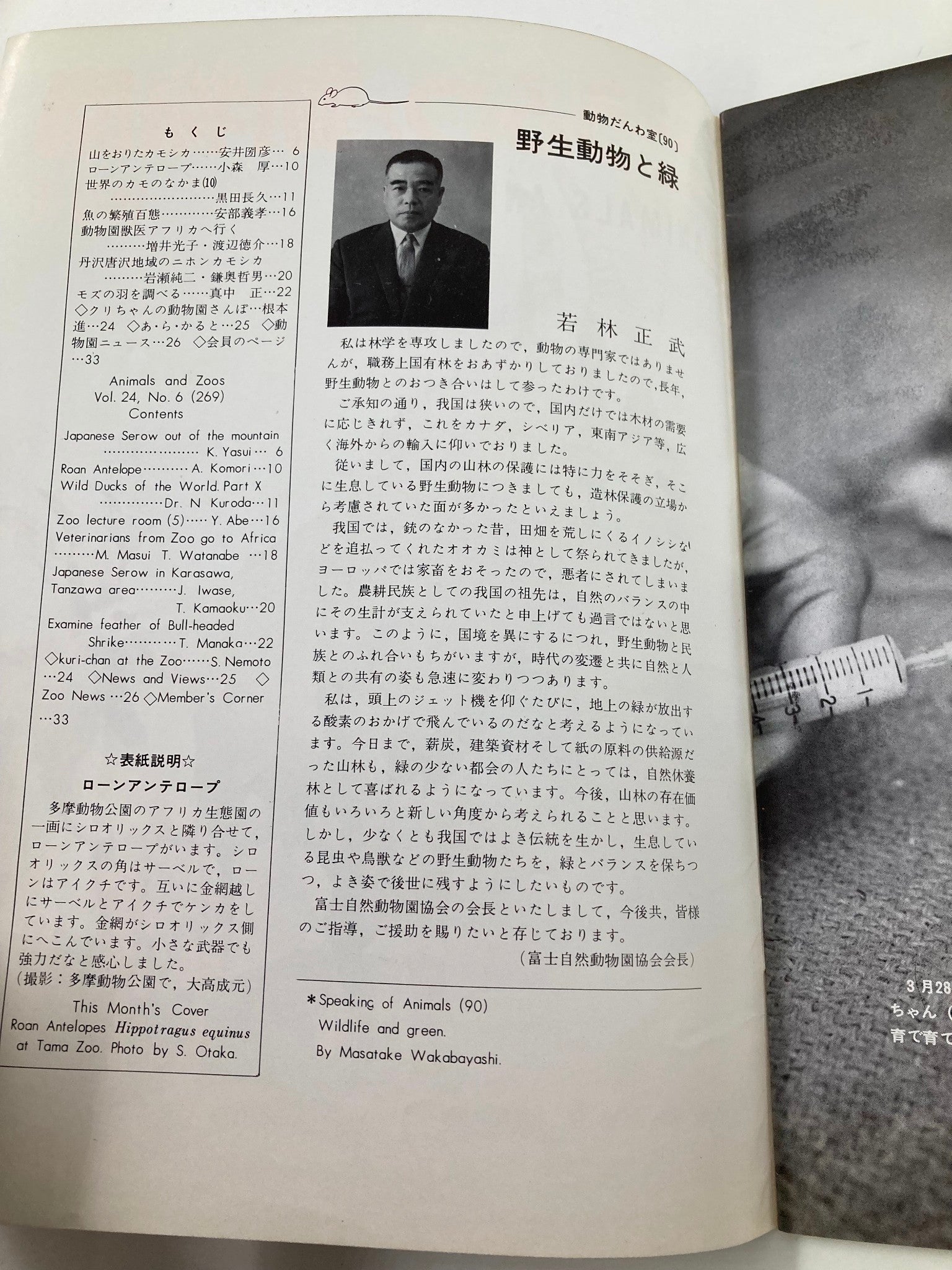 Interior page of the VTG Animals and Zoos Magazine from 1972, showcasing articles and content about animal care and wildlife, including a portrait of a zoologist.