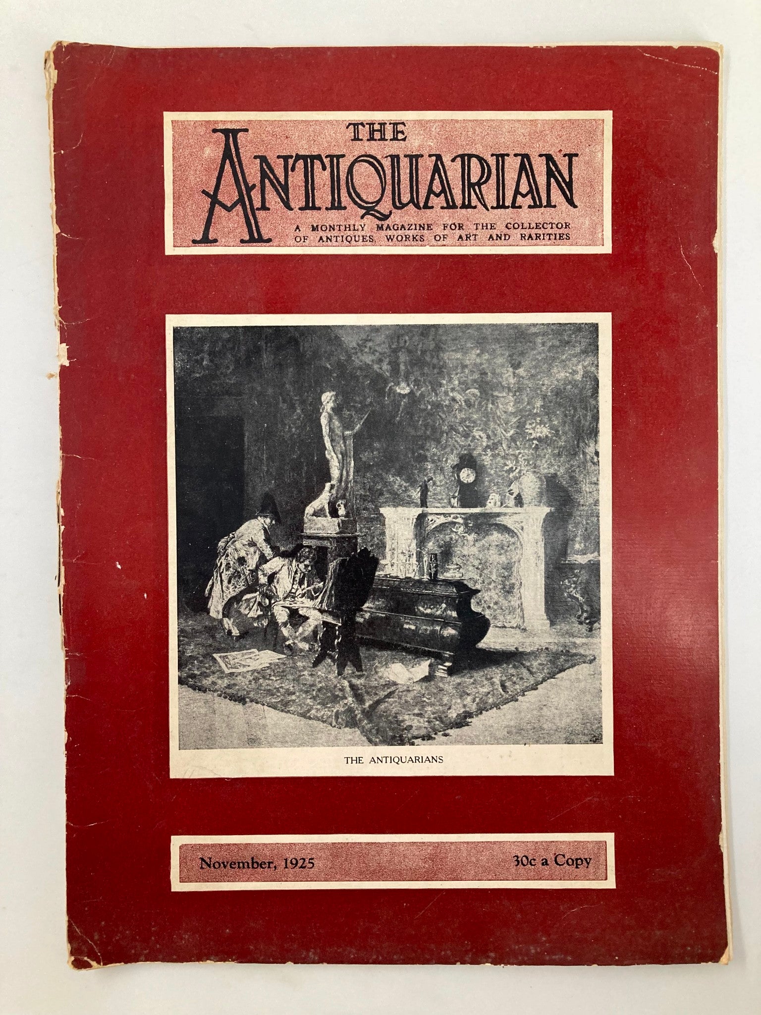 VTG The Antiquarian Magazine November 1925 cover featuring a vintage image of early American lamps and furniture, showcasing decorative arts of the time.