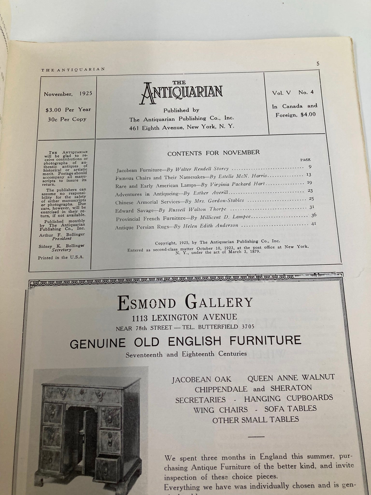 Interior page of VTG The Antiquarian Magazine November 1925, listing contents including articles related to early American lamps and antique furniture.