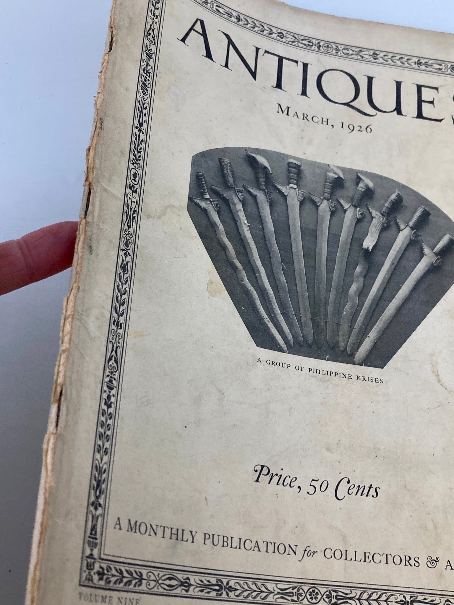Detail view of the VTG Antiques Magazine cover from March 1926, highlighting the title 'A Group of Philippine Krises' and an array of Philippine krises swords.