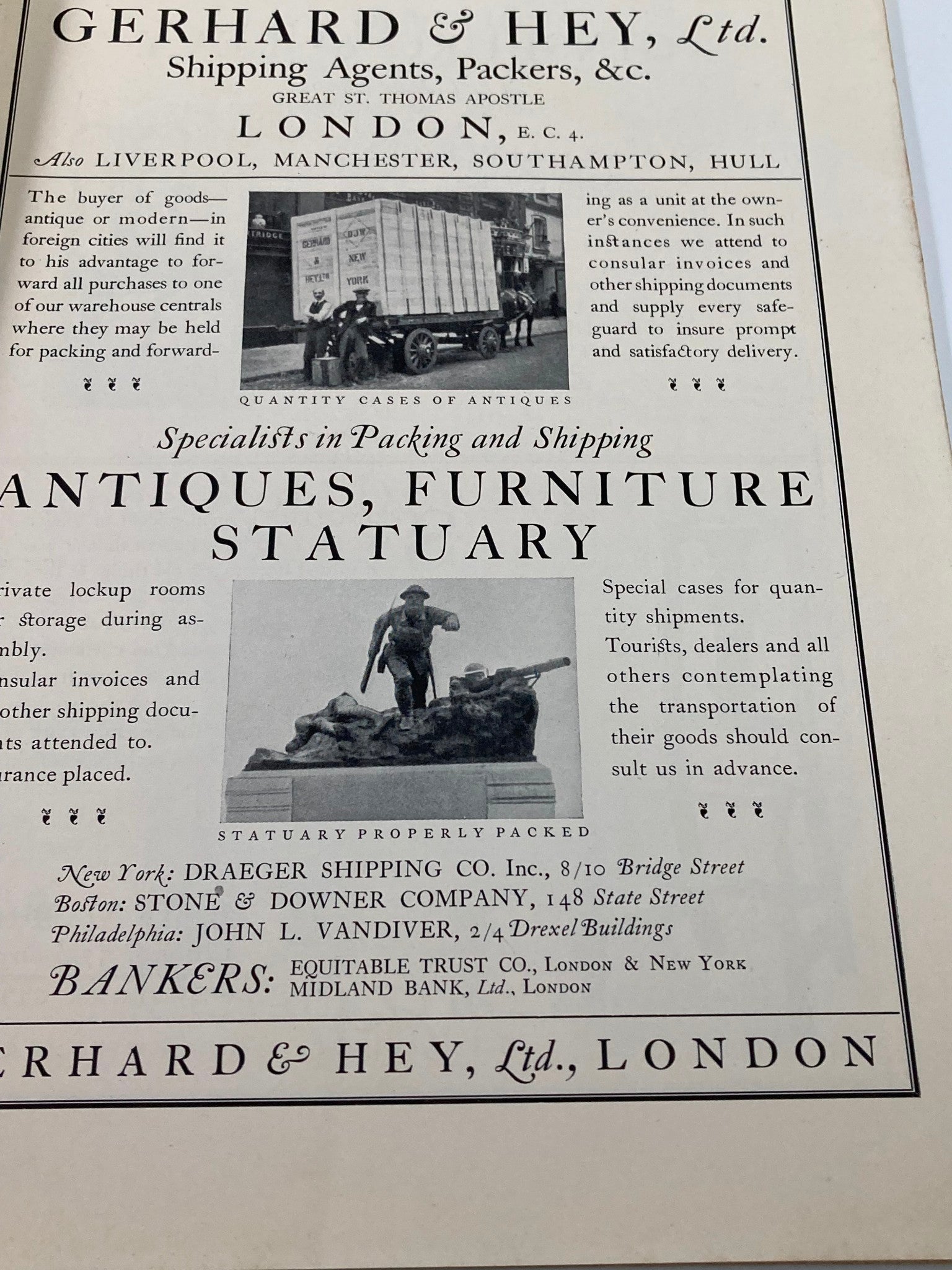 Interior page from VTG Antiques Magazine March 1926 showcasing advertisement for Gerhard & Hey, Ltd., shipping agents in London, focusing on antiques and furniture statuary.