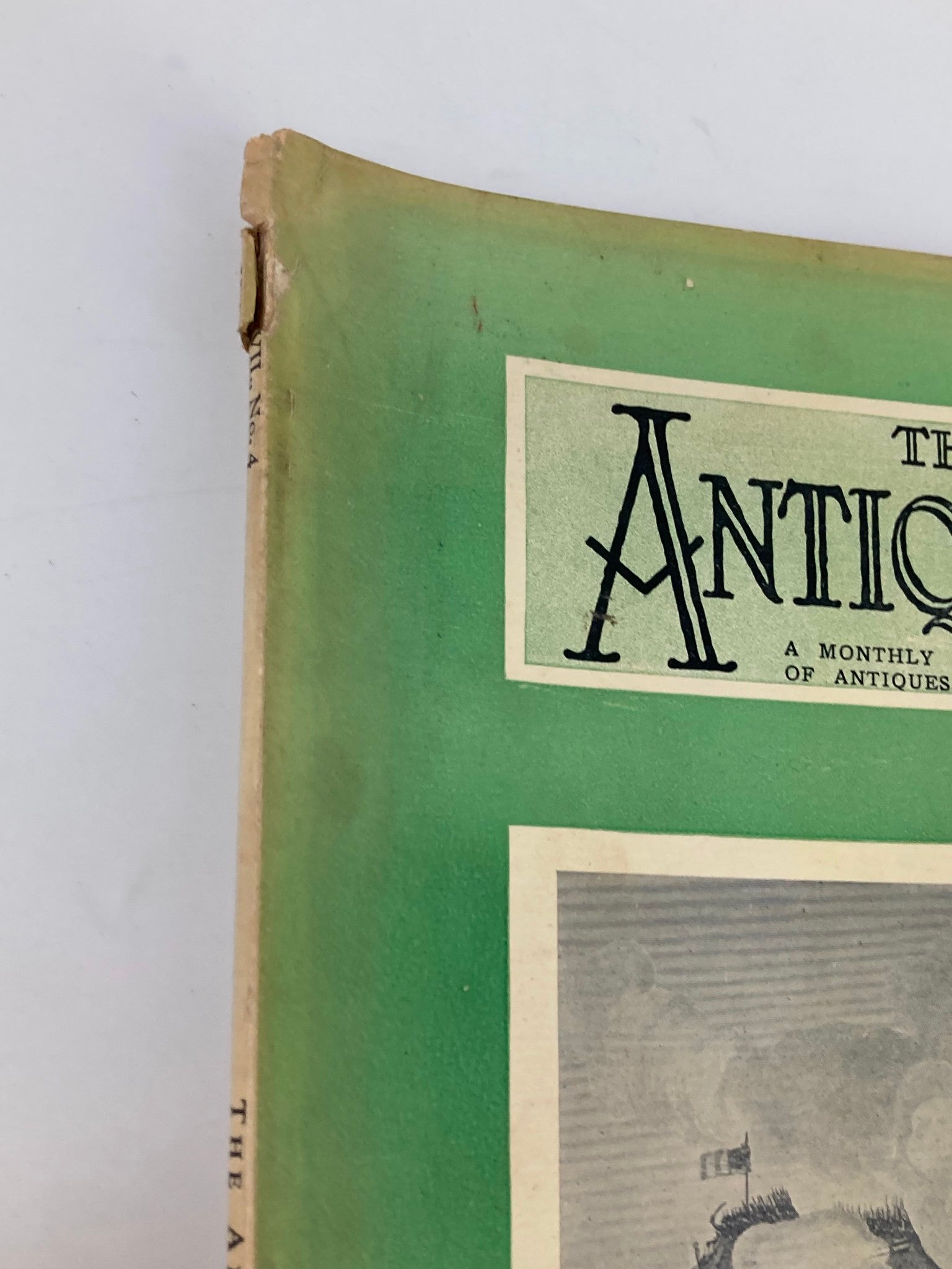 Close-up image of the spine of VTG The Antiquarian Magazine November 1926, highlighting wear and tear typical of vintage publications.
