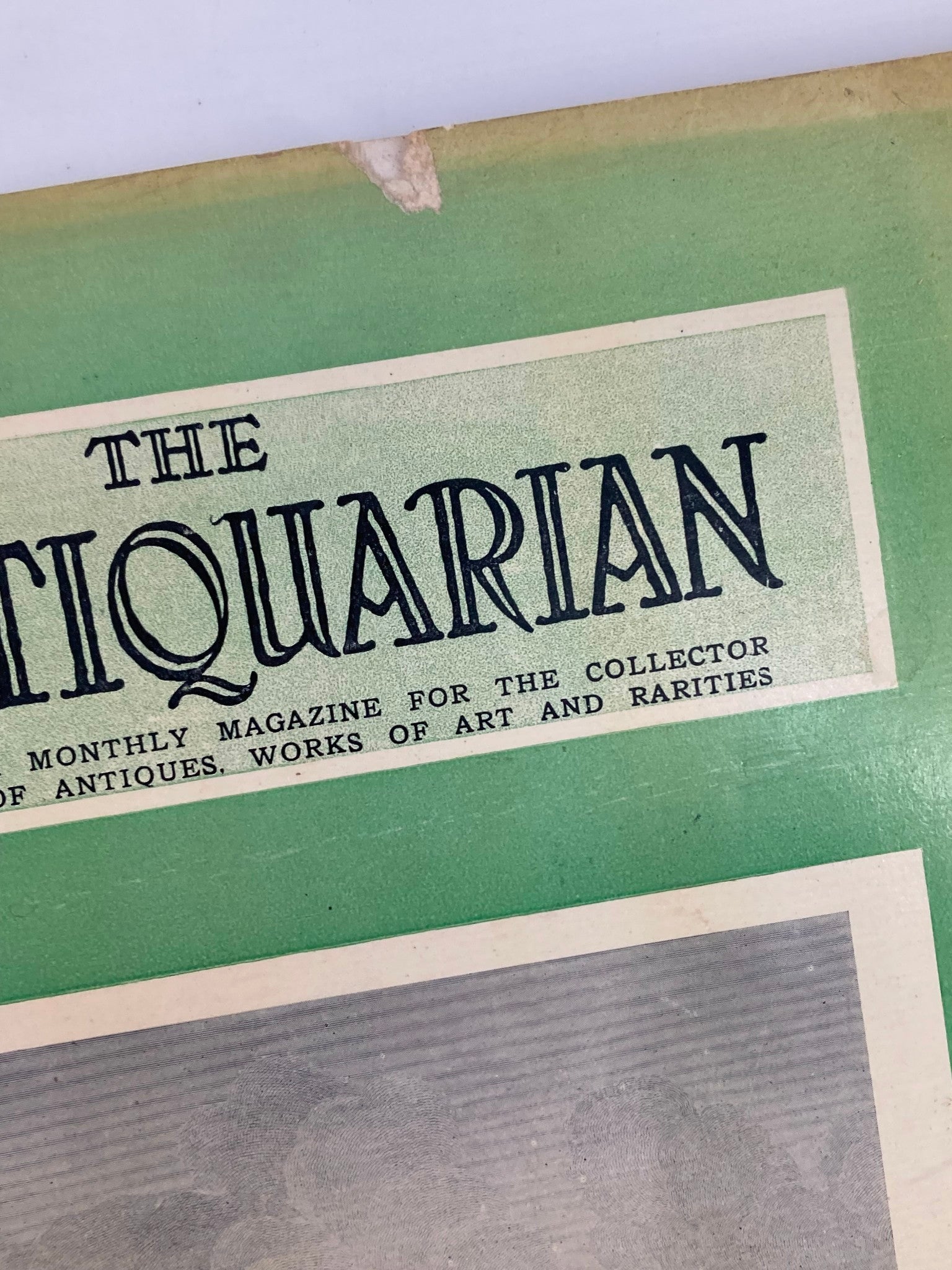 Detailed close-up image of the title section on the cover of VTG The Antiquarian Magazine November 1926, emphasizing its focus on antiques and history.