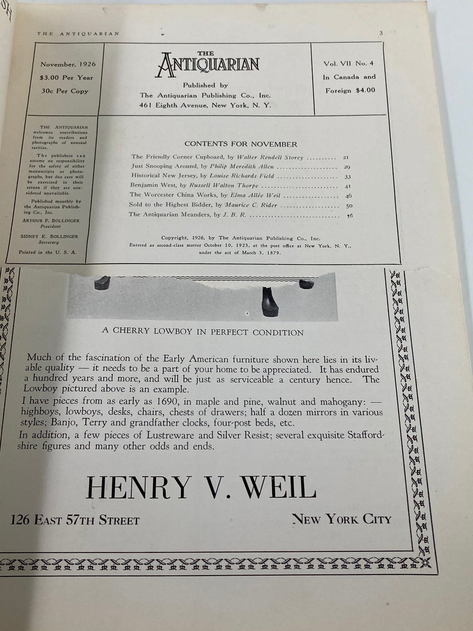Interior page from VTG The Antiquarian Magazine November 1926, displaying contents for the issue, including information about featured articles and collectors.