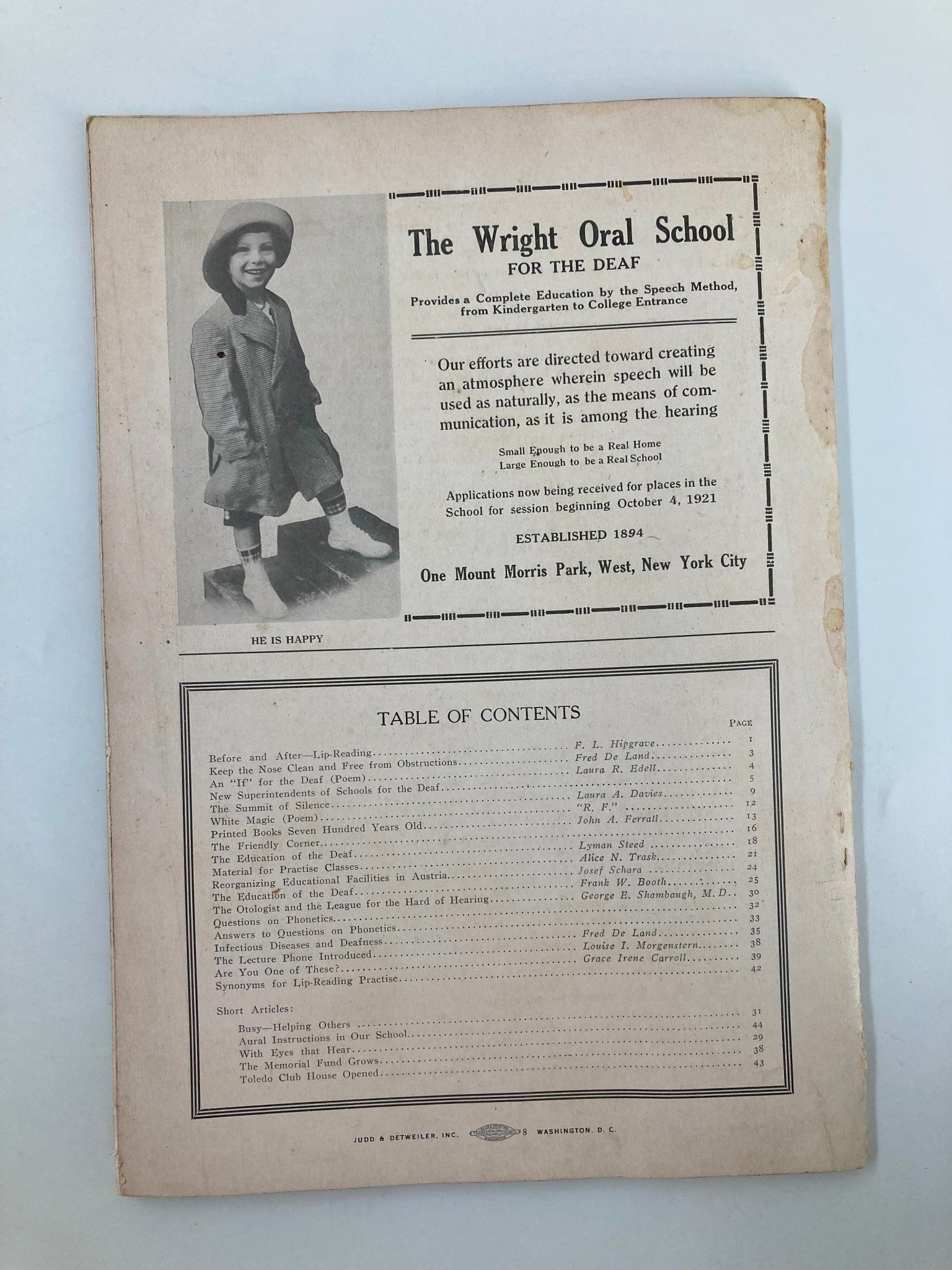 VTG Volta Review Magazine January 1921 The Wright of Oral School No Label