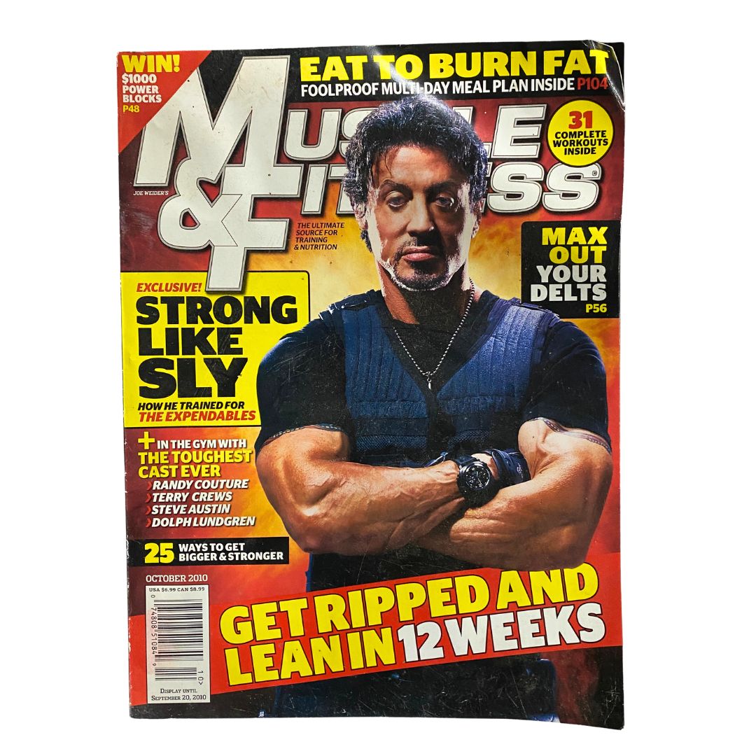 Muscle & Fitness Magazine, October 2010, Vol 71 No. 10 featuring Sylvester Stallone on the cover, promoting fitness and bodybuilding tips.