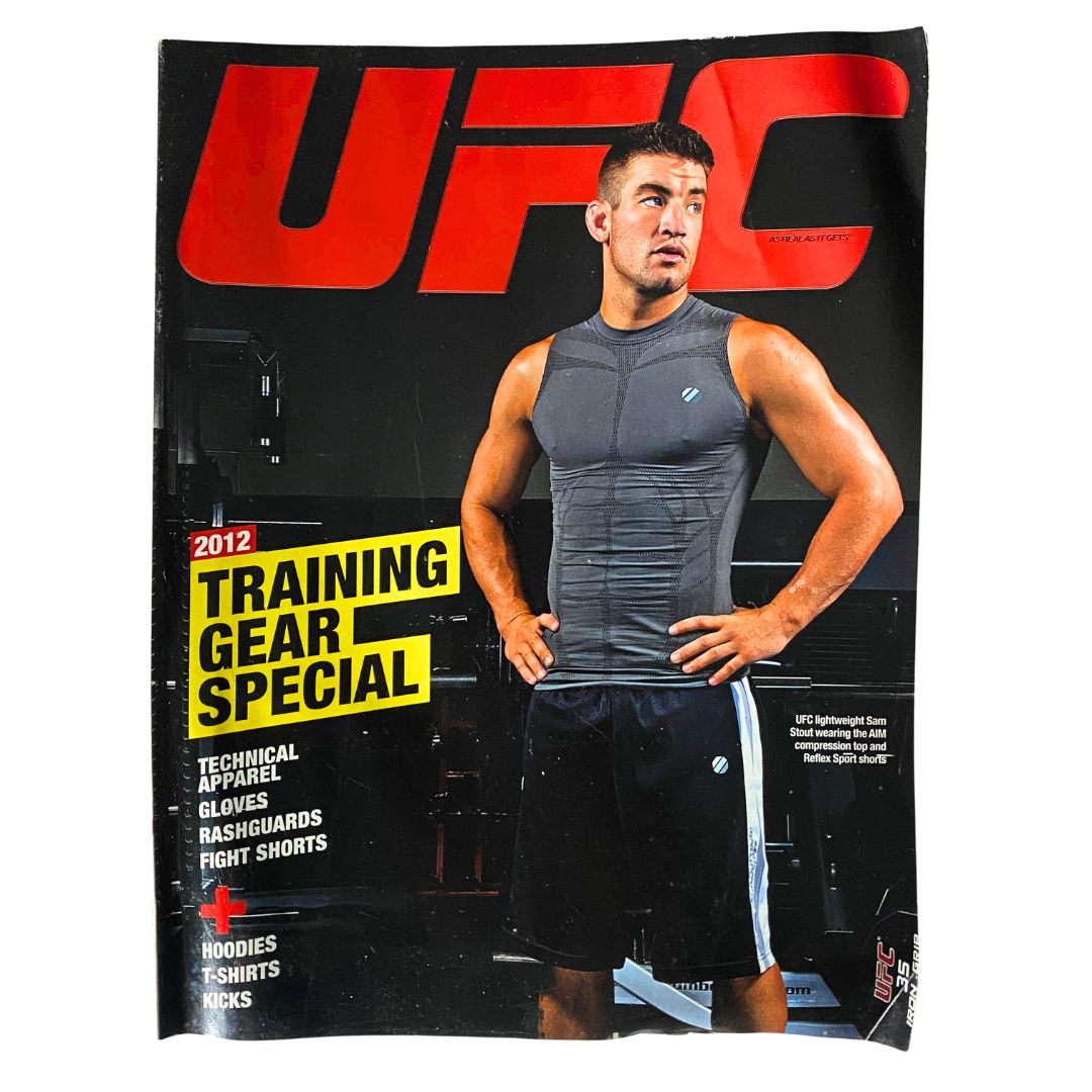 UFC Magazine featuring UFC Lightweight Sam Stout on the cover, showcasing fitness apparel and a training theme from the 2012 Training Gear Special issue.