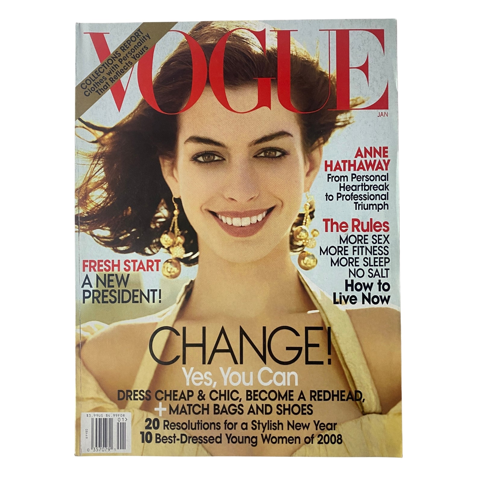 Vogue Magazine January 2009 featuring Anne Hathaway on the cover, highlighting fashion with the tagline 'Yes, You Can.' The magazine emphasizes personal transformation and societal change with a fresh start theme.