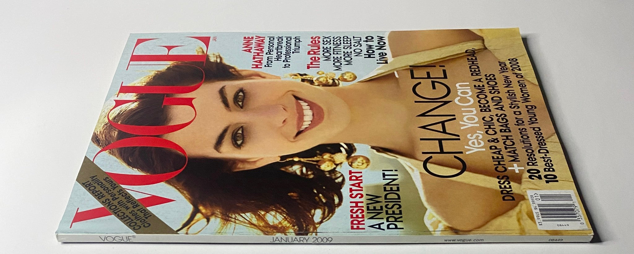 Another angle of Vogue Magazine January 2009 showcasing Anne Hathaway's cover with the theme of change and new beginnings, emphasizing smart fashion choices and resolutions for the New Year.