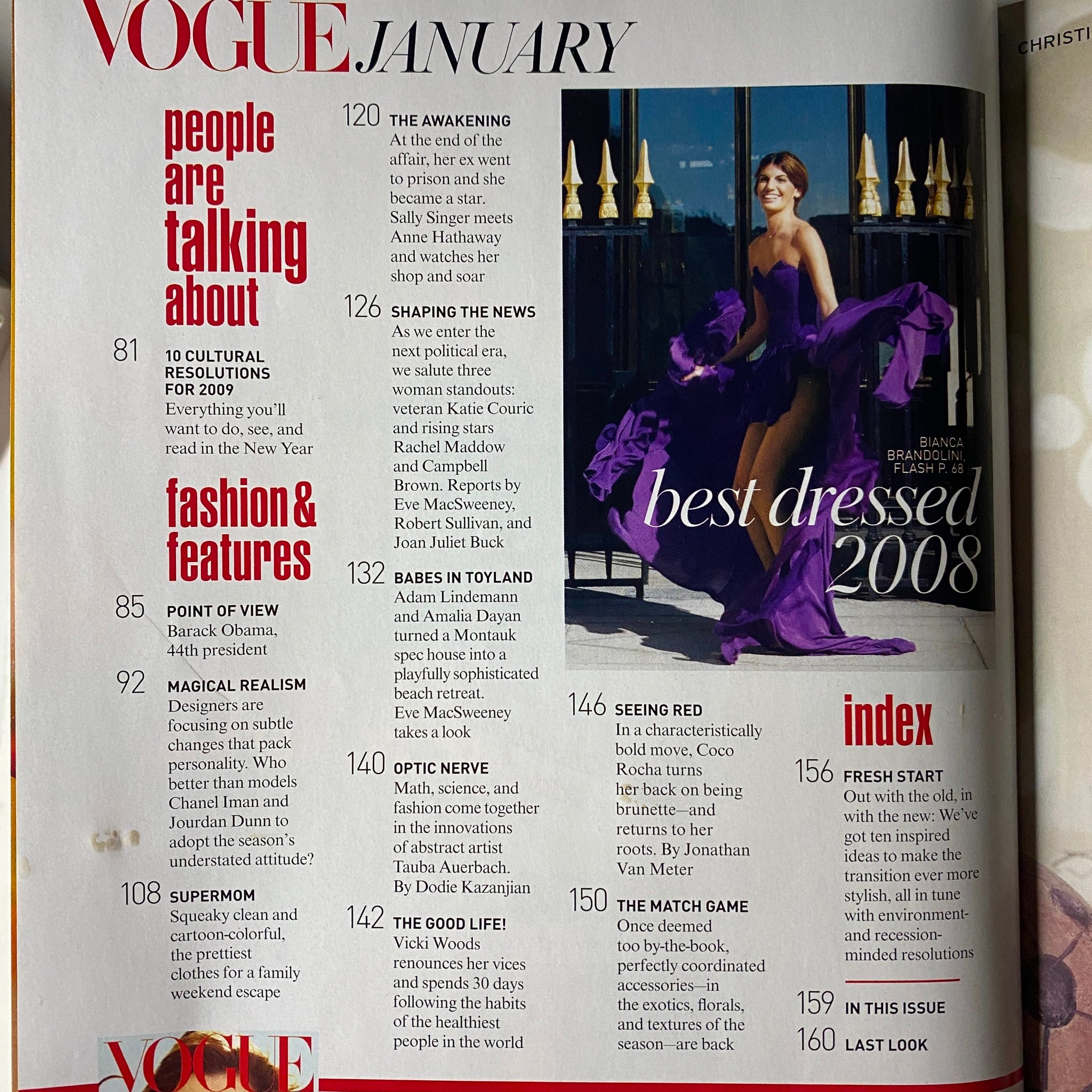 Cover page from Vogue Magazine January 2009 featuring Anne Hathaway, named 'Best Dressed 2008', and a preview of key articles like 'The Awakening' and 'Magic Realism'.